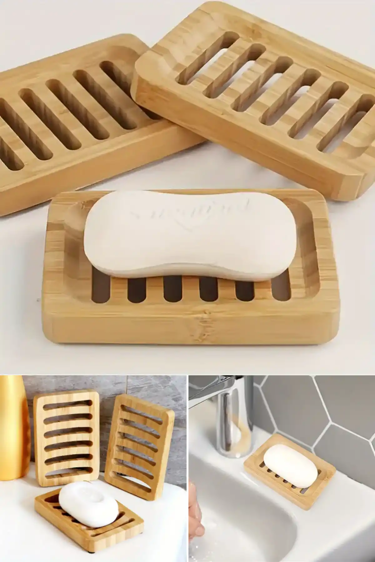 3 Adet Doğal Bambu Katı Sabunluk Mutfak Banyo Organizeri Dekoratif Hamam Sauna Sabunluk