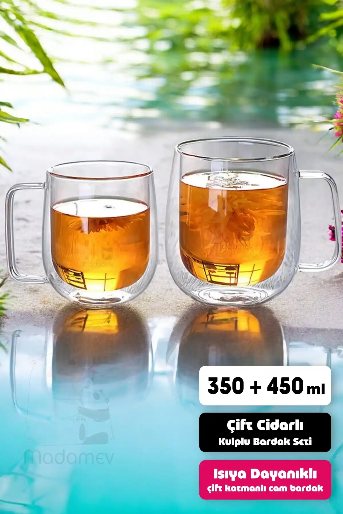 2li Çift Cidarlı Bardak Seti 350+450 ml Isıya Dayanıklı Espresso Sunum Bardağı Kulplu Kahve Kupası