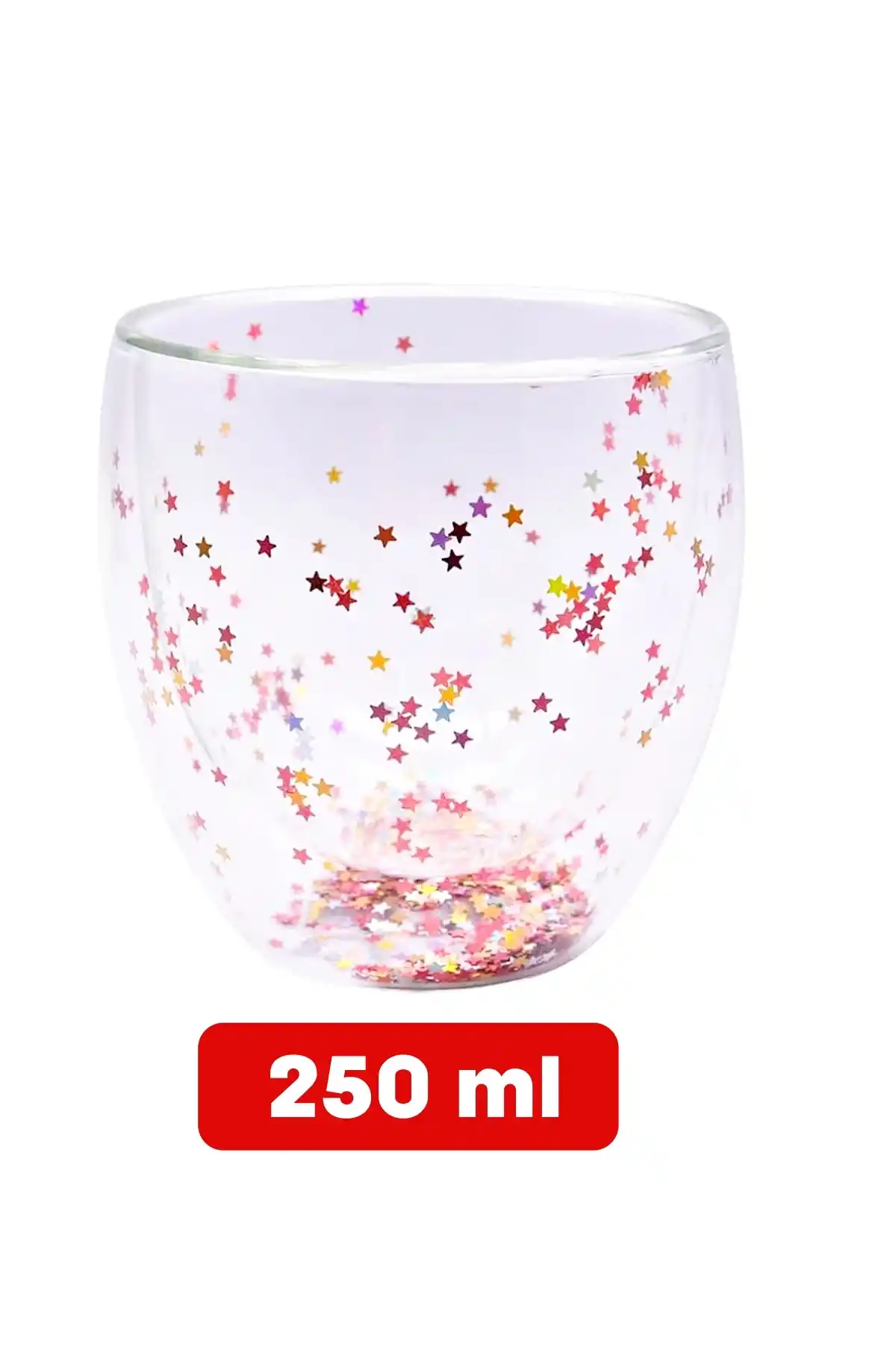 Çift Cidarlı Bardak Yıldız Simli Kahve Sunum Kokteyl Bardağı Isıya Dayanıklı Borosilikat 250ml