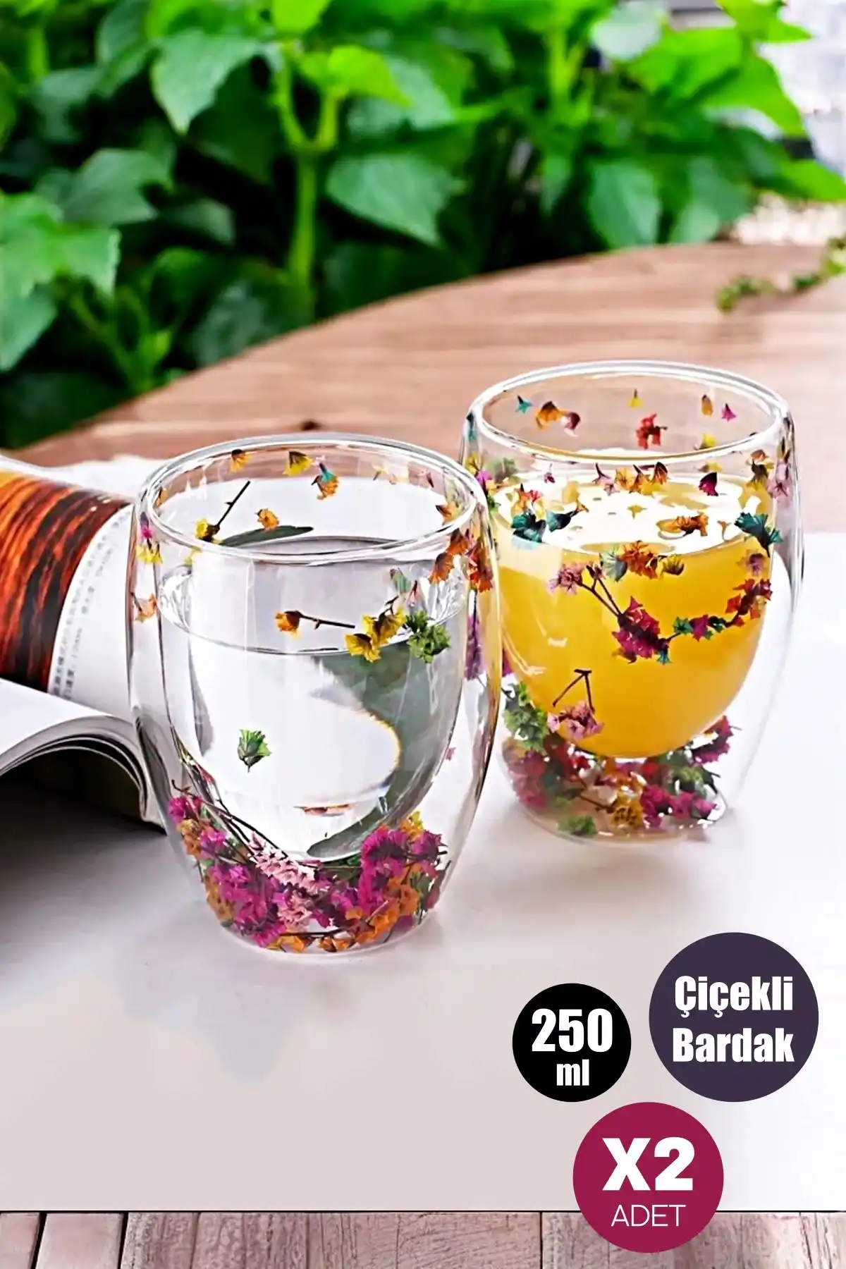 2li Çift Cidarlı Çiçekli Cam Bardak 250ml Flower Cup Meşrubat El Yapımı Kahve Sunum Bardağı Seti