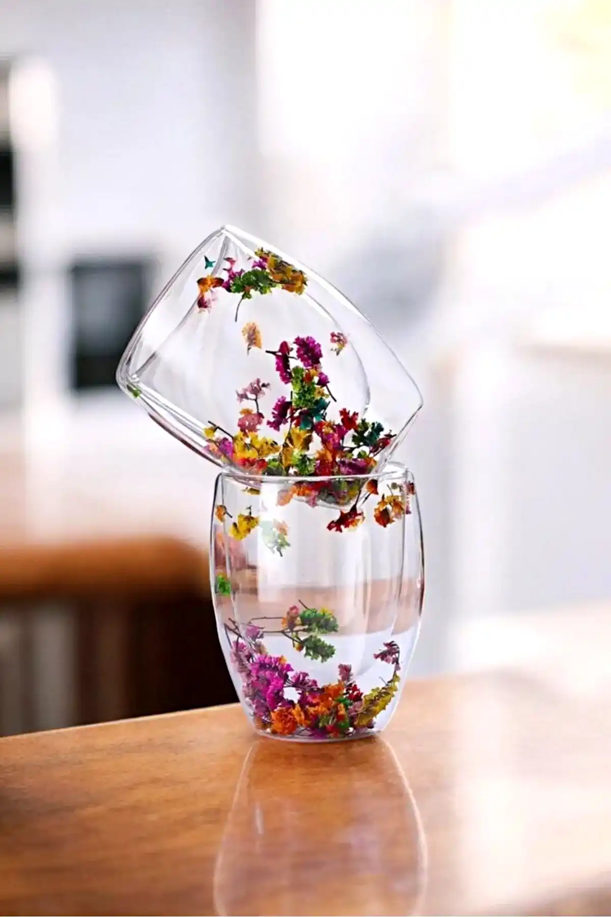 2li Çift Cidarlı Flower Cup 350ml Çiçekli Bardak Kahve Çay Bardağı El Yapımı Cam Bardak Seti
