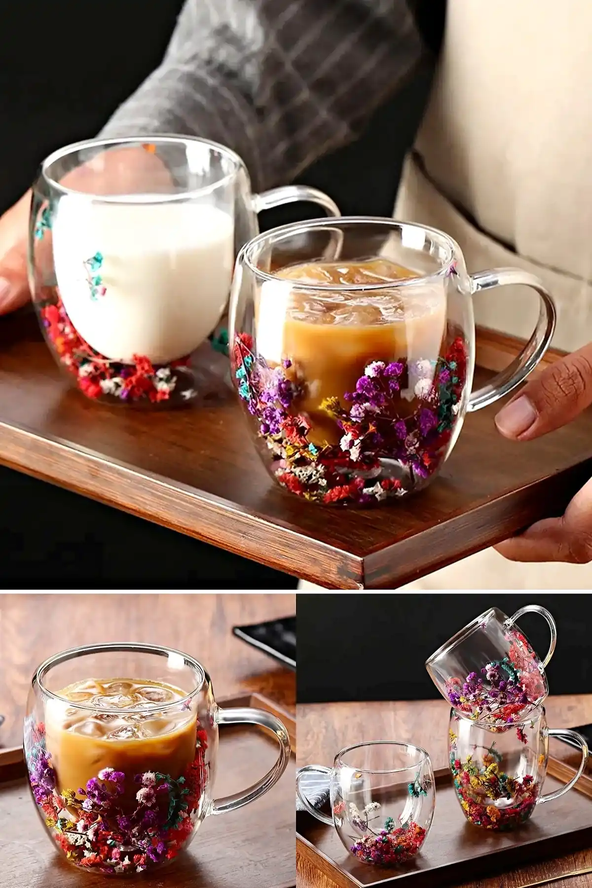 4lü Çift Cidarlı Çiçekli Bardak 250ml Kahve Çay Bardağı El Yapımı Kulplu Borosilikat Cam Bardağı
