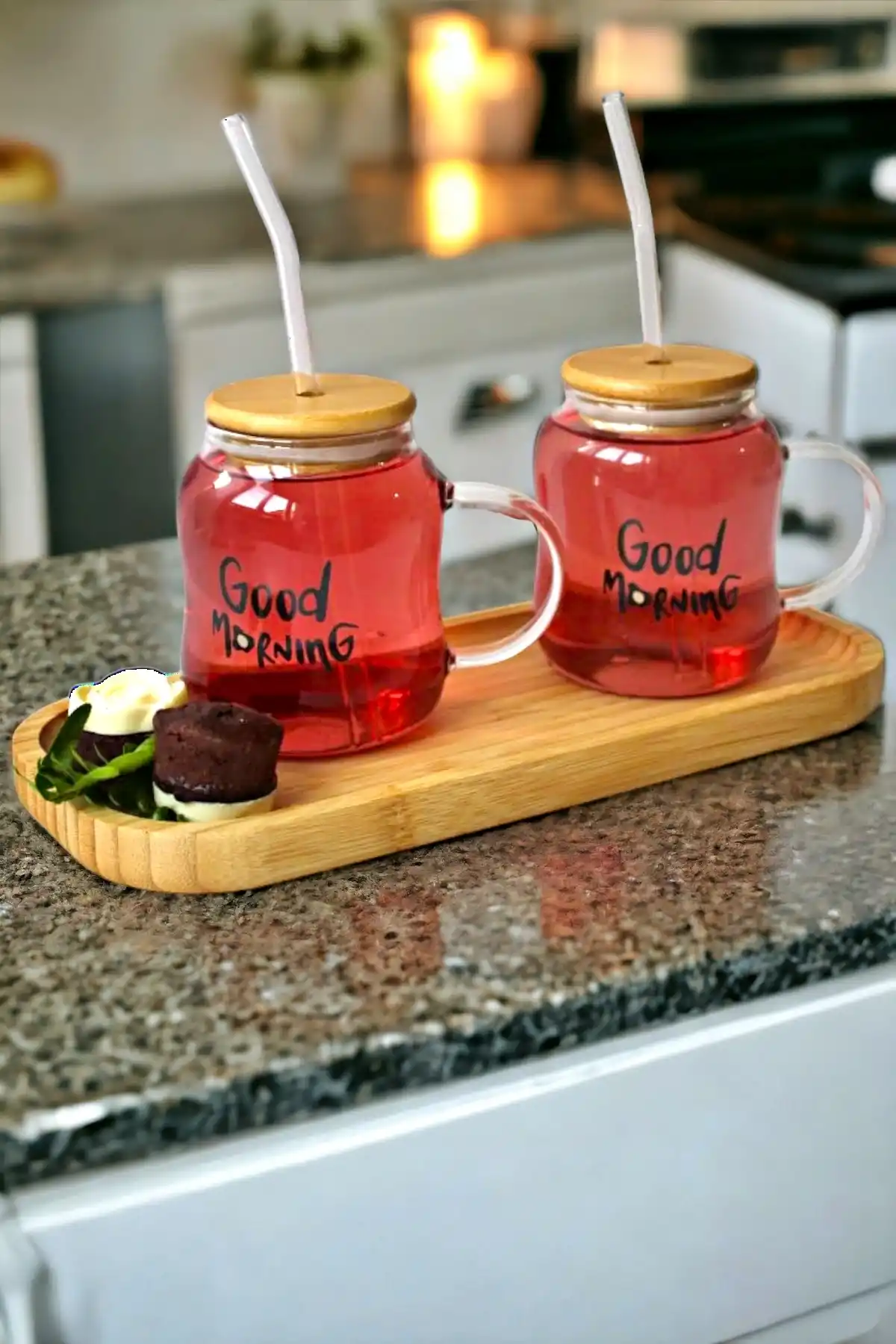 7 Parça Stantlı Good Morning Bardak Seti Bambu Kapaklı Pipetli New Stil Kokteyl Sunum Cam Bardağı