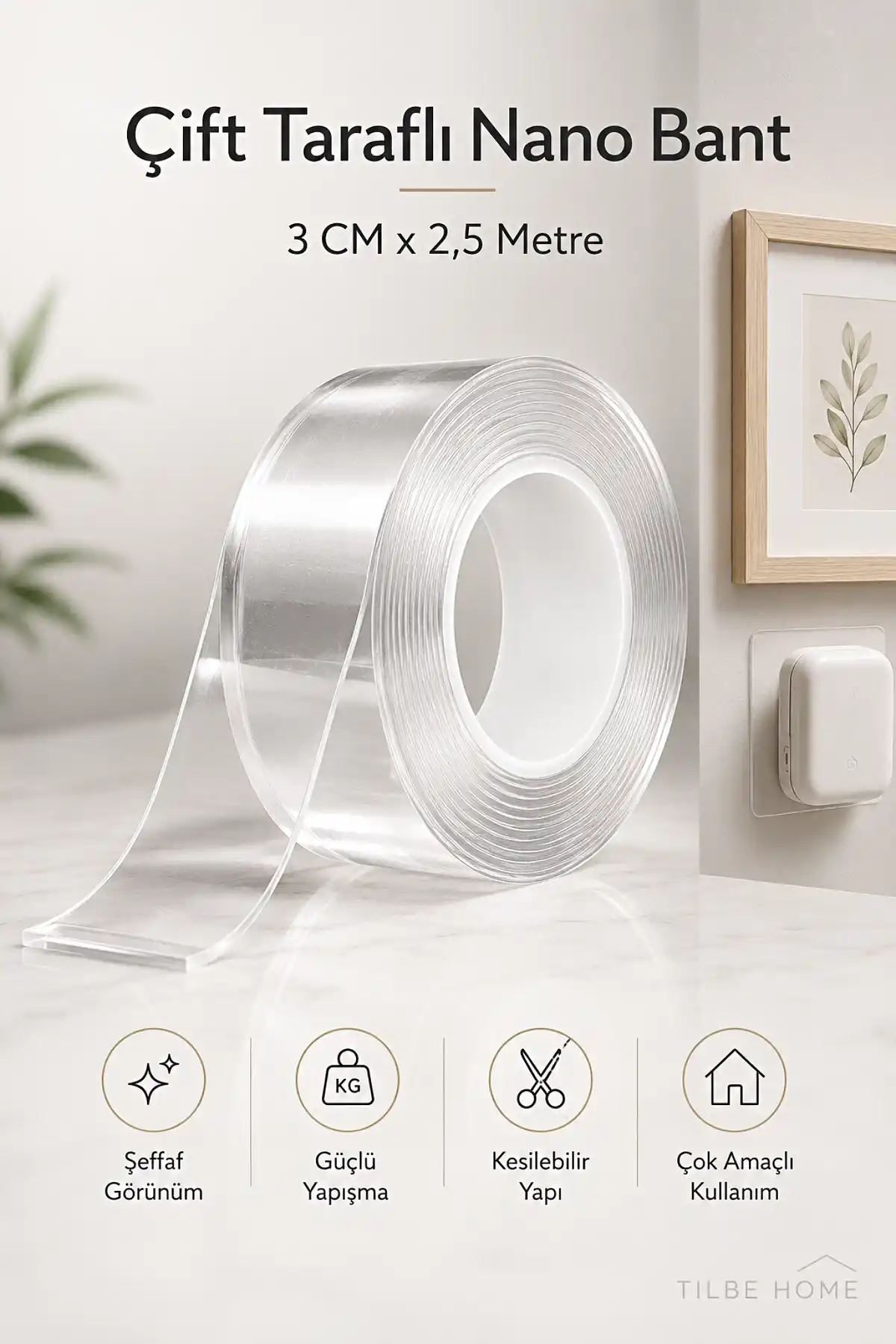 2 Metre Çift Taraflı Nano Bant Teknolojili Süper Güçlü Band Duvar Çerçeve Taşıyıcı Bant 3CMX2.5M