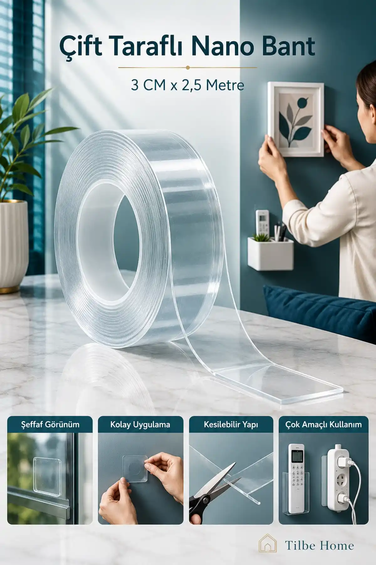2 Metre Çift Taraflı Nano Bant Teknolojili Süper Güçlü Band Duvar Çerçeve Taşıyıcı Bant 3CMX2.5M