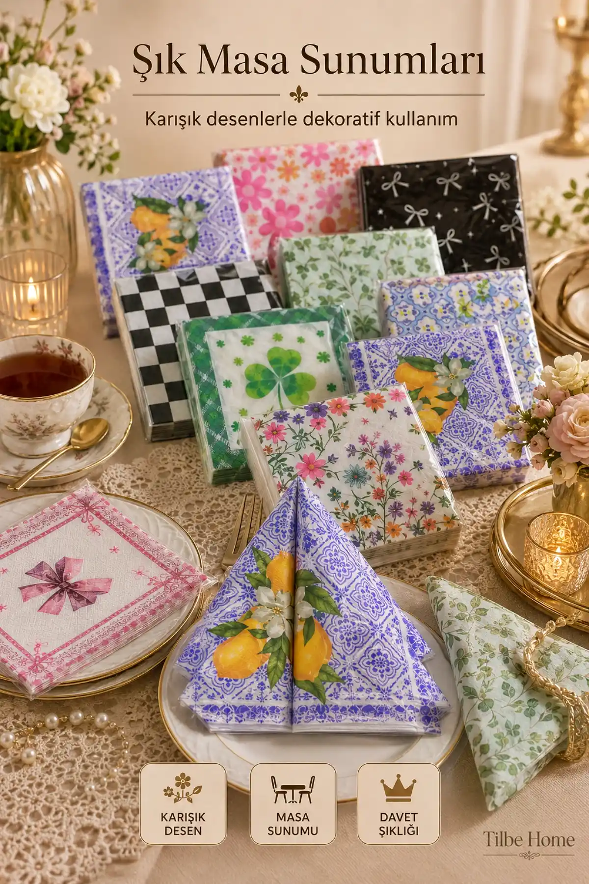 2 Paket Desenli Dekoratif Kağıt Peçete Karışık Çiçekli Vintage Masa Servis Sunum Davet Peçetesi