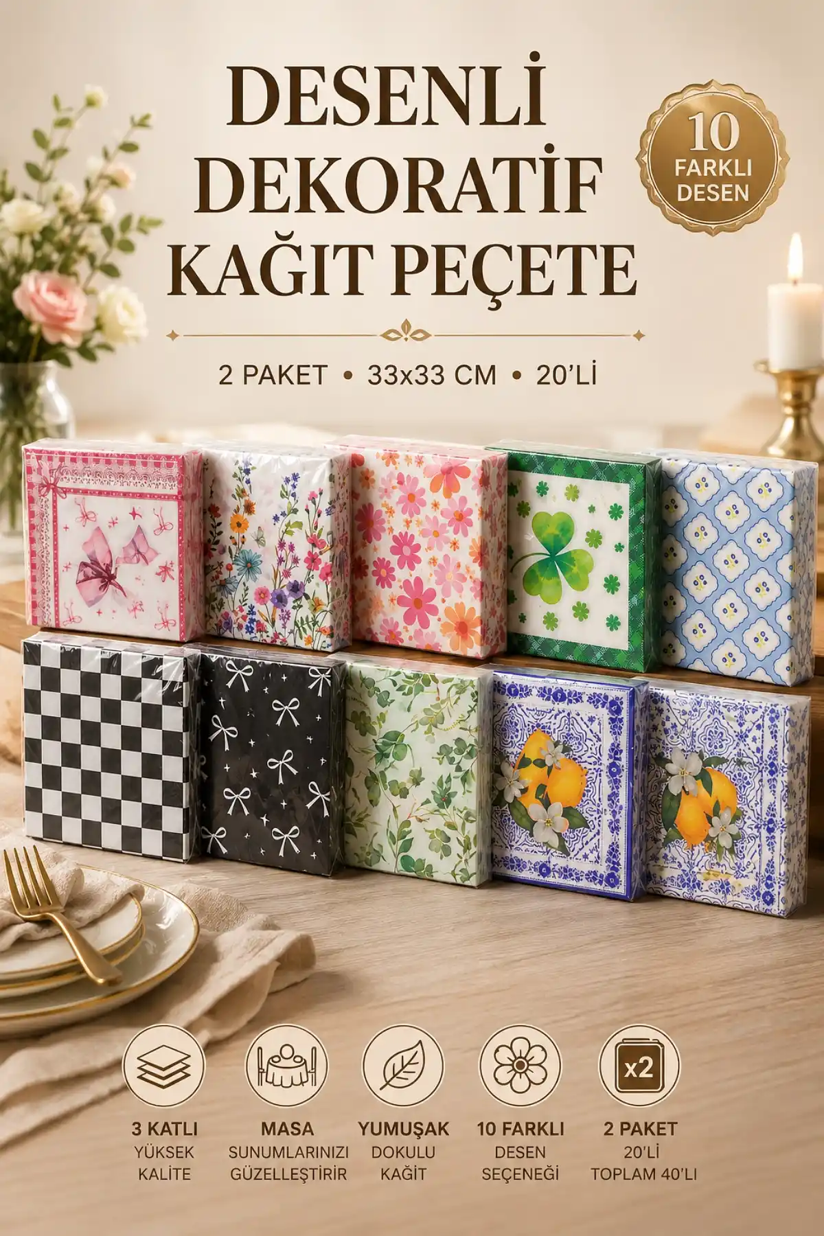 2 Paket Desenli Dekoratif Kağıt Peçete Karışık Çiçekli Vintage Masa Servis Sunum Davet Peçetesi