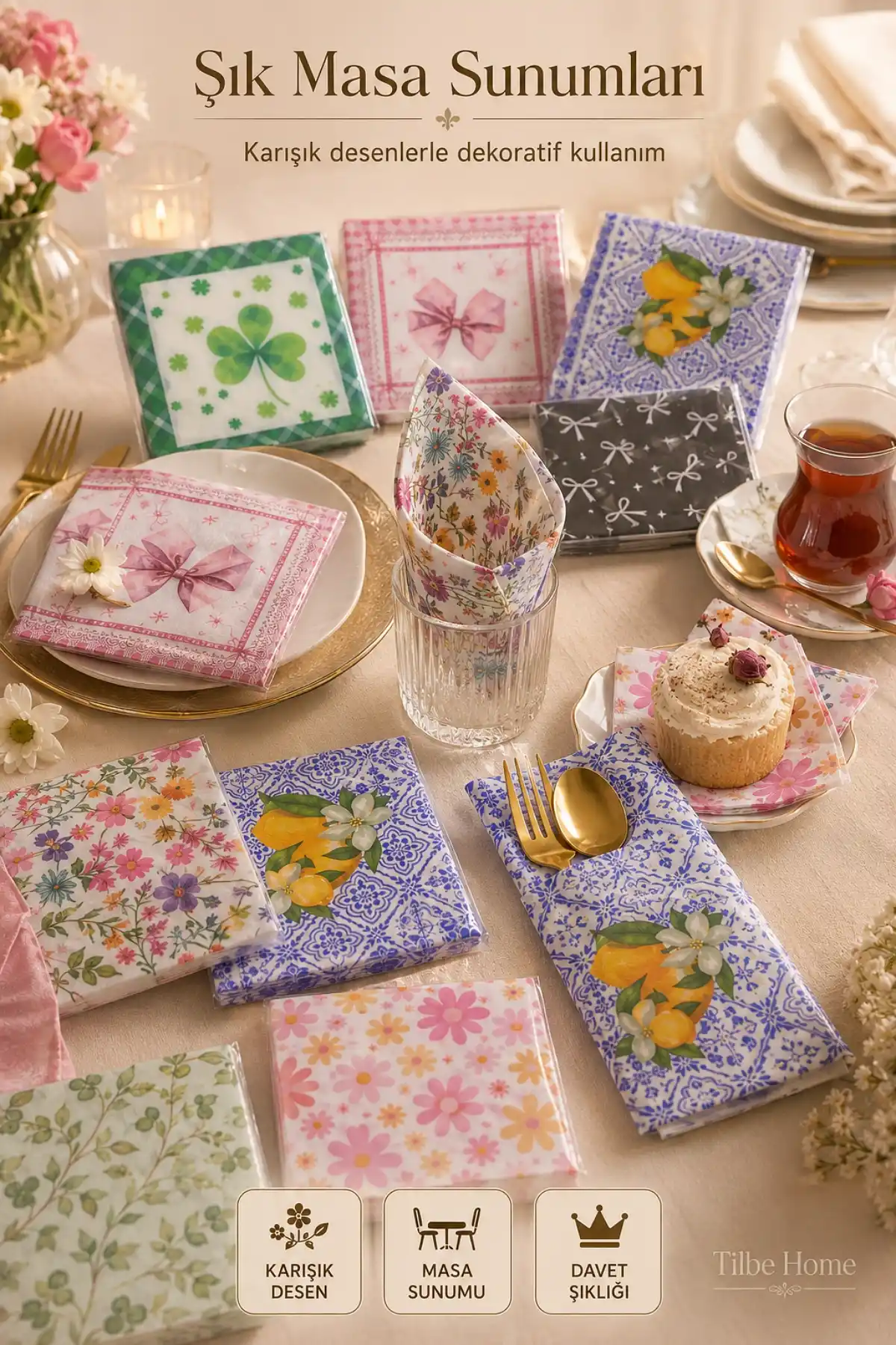 2 Paket Desenli Dekoratif Kağıt Peçete Karışık Çiçekli Vintage Masa Servis Sunum Davet Peçetesi
