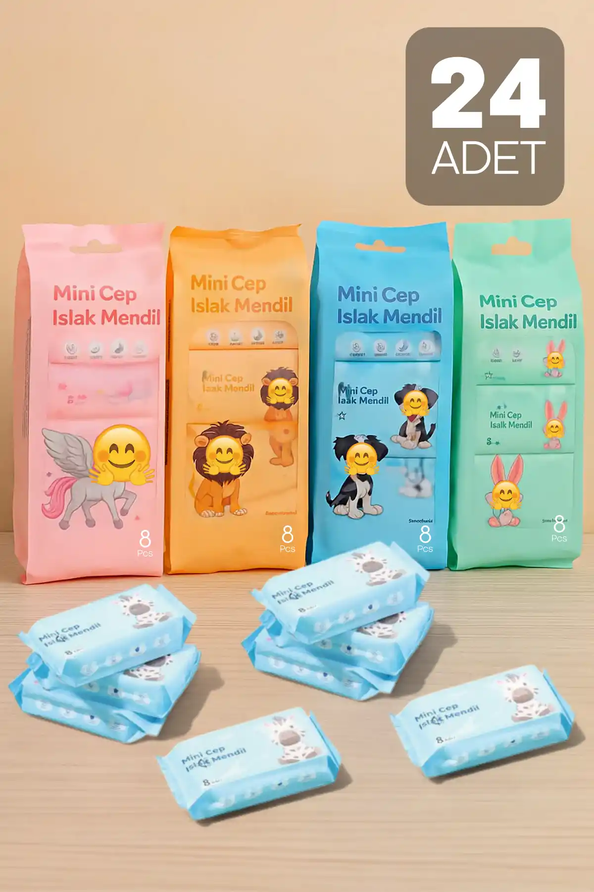 24 Adet Sevimli Figürlü Mini Islak Cep Mendili Panda Zebra Fil Zürafa Renkli Tasarım Cep Mendili