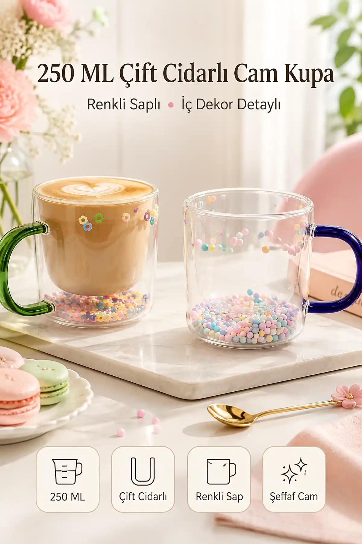 250 ml Çift Cidarlı Cam Kupa Renkli Saplı İç Dekor Detaylı Şeffaf Kahve Çay Latte Sunum Bardağı