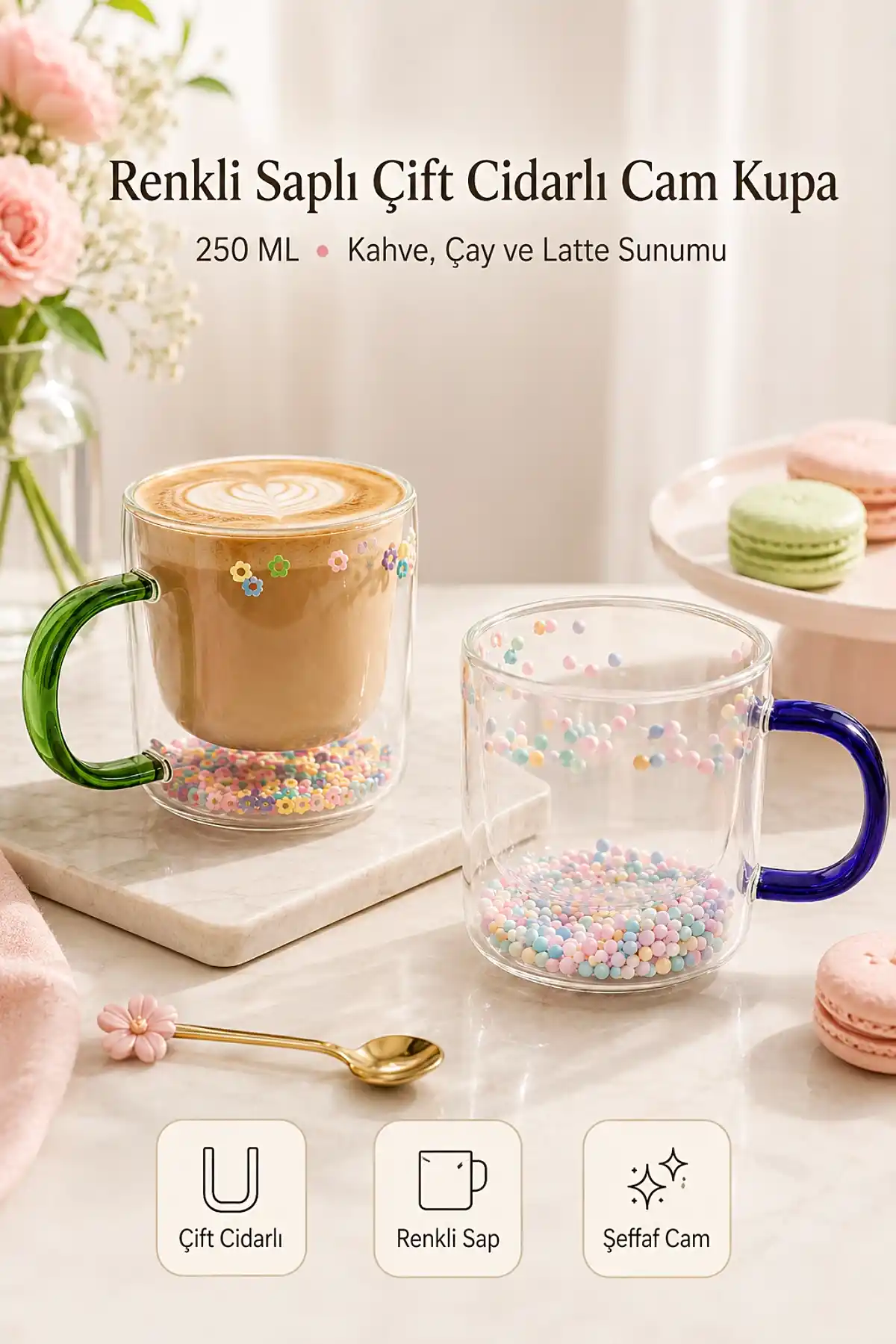 250 ml Çift Cidarlı Cam Kupa Renkli Saplı İç Dekor Şeffaf Kahve Çay Latte Sunum Bardağı 1 Adet