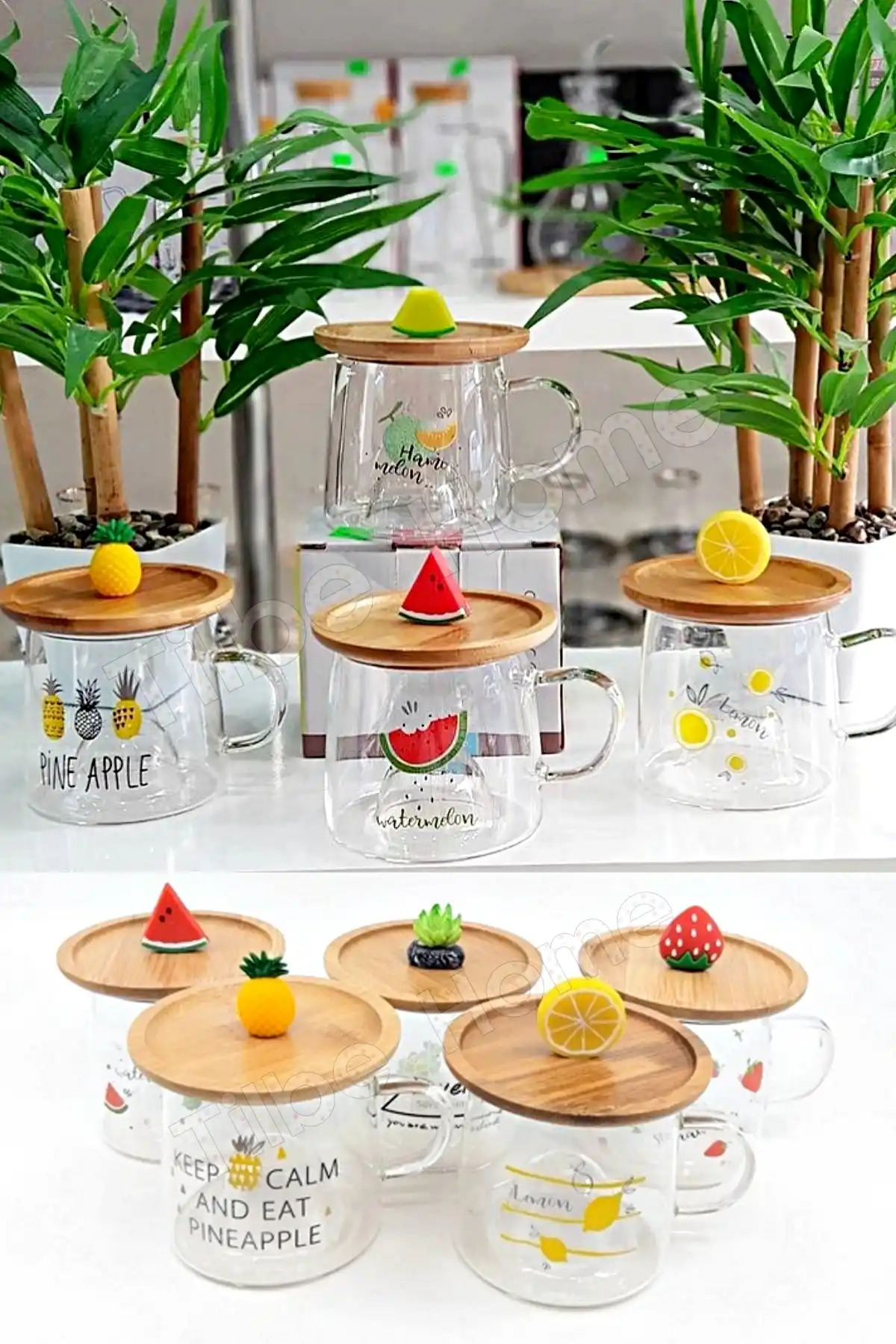 2li Bambu Kapaklı Çilek Meyve Figürlü Cam Bardak Baskılı Meşrubat Kupası Çay Bardağı 280 ml.