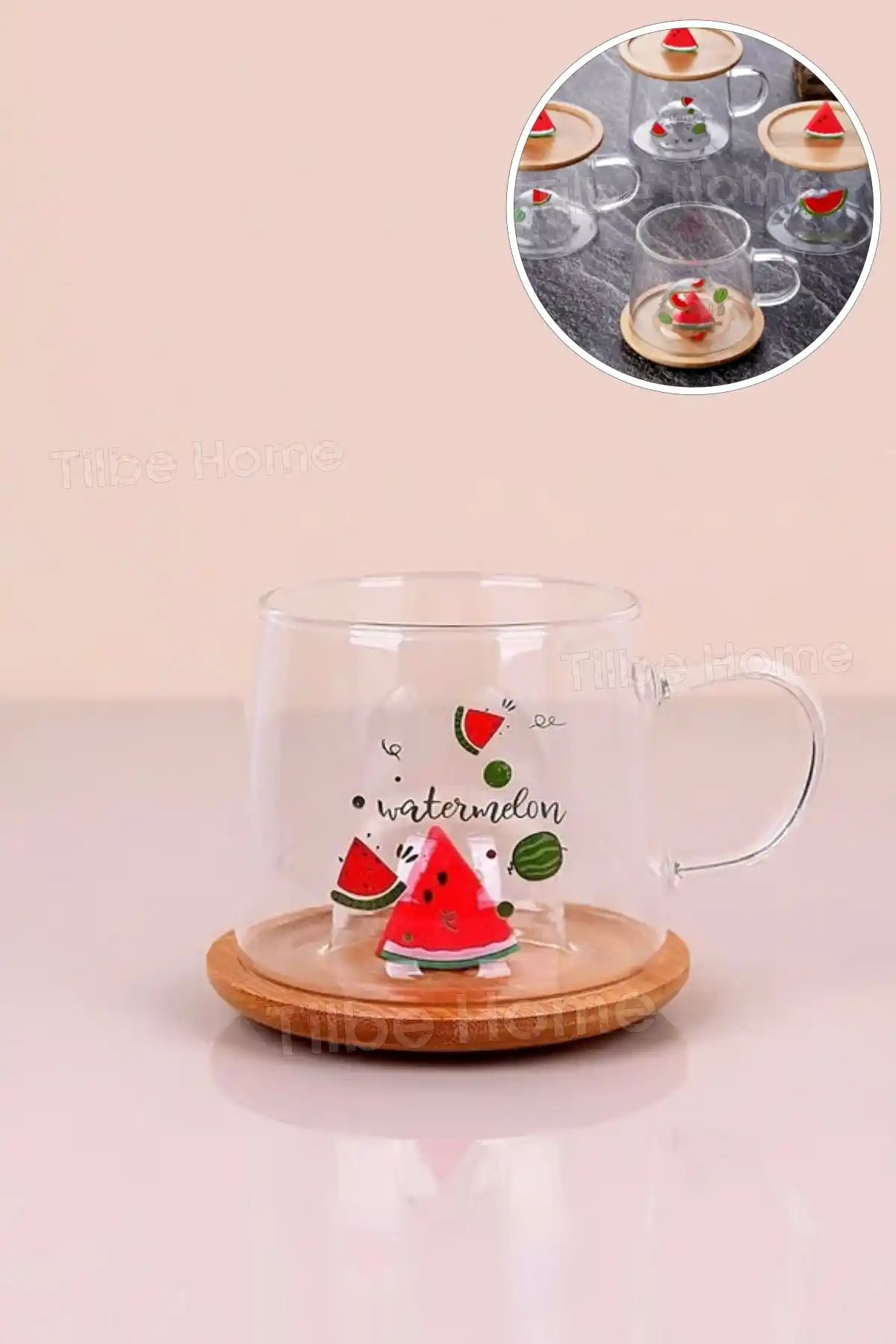2li Bambu Kapaklı Çilek Meyve Figürlü Cam Bardak Baskılı Meşrubat Kupası Çay Bardağı 280 ml.
