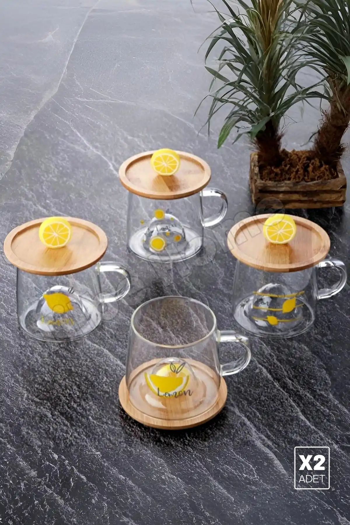 2li Bambu Kapaklı Limon Meyve Figürlü Cam Bardak Baskılı Meşrubat Kupası Çay Bardağı 280 ml.