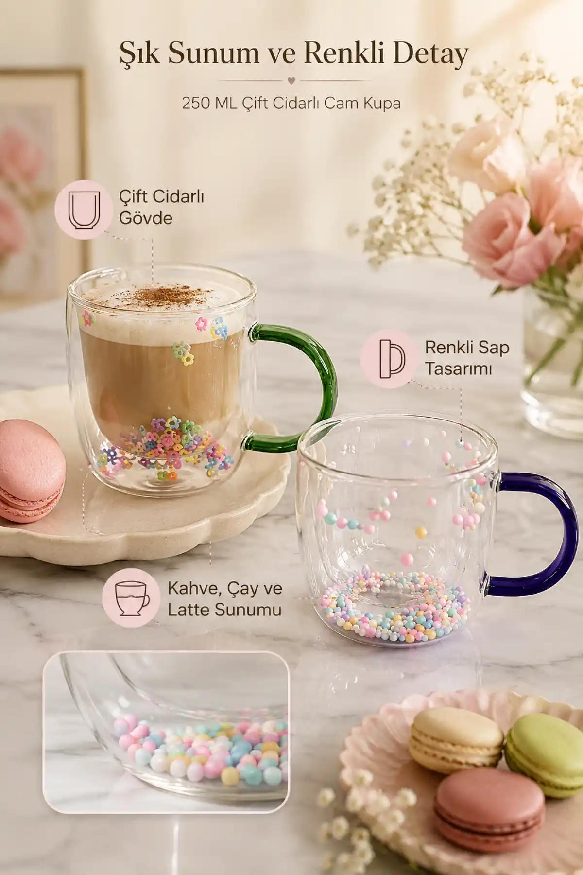 2li Çift Cidarlı Bardak Cam Kupa Renkli Saplı İç Dekor Şeffaf Kahve Çay Latte Sunum Bardağı 250ml