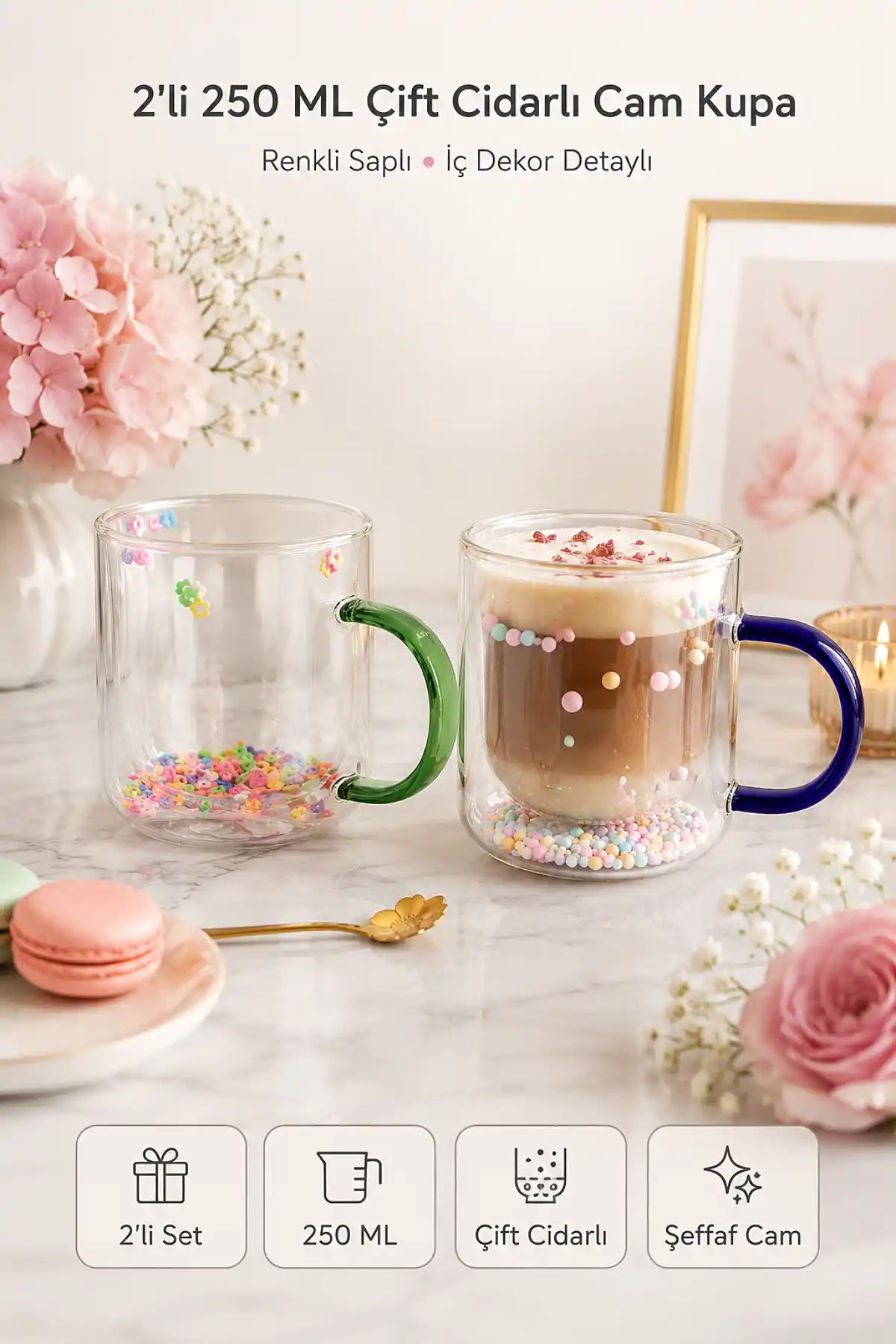 2li Çift Cidarlı Bardak Cam Kupa Renkli Saplı İç Dekor Şeffaf Kahve Çay Latte Sunum Bardağı 250ml