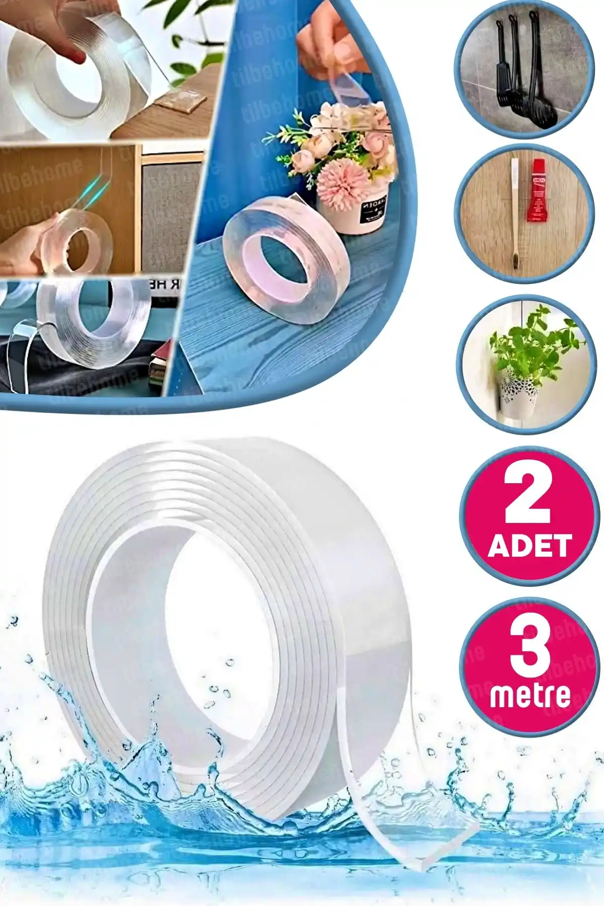 2li Çift Taraflı Bant Çıkarılabilir Süper Güçlü Bant Şeffaf Nano Yapışkanlı Duvar Bandı 3m-2mm Seti