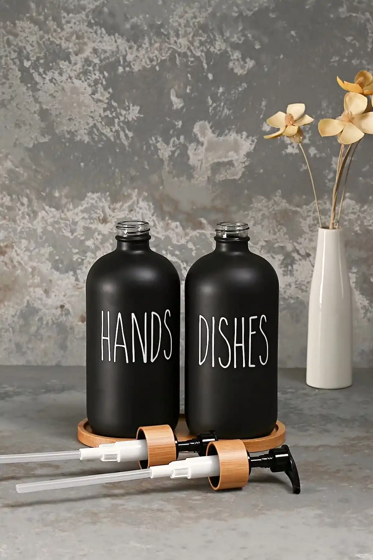 2’li Hands Dishes Soft Siyah Dekoratif Mutfak Banyo Sıvı Cam Sabunluk Seti 500ml Bambu Stantlı Set