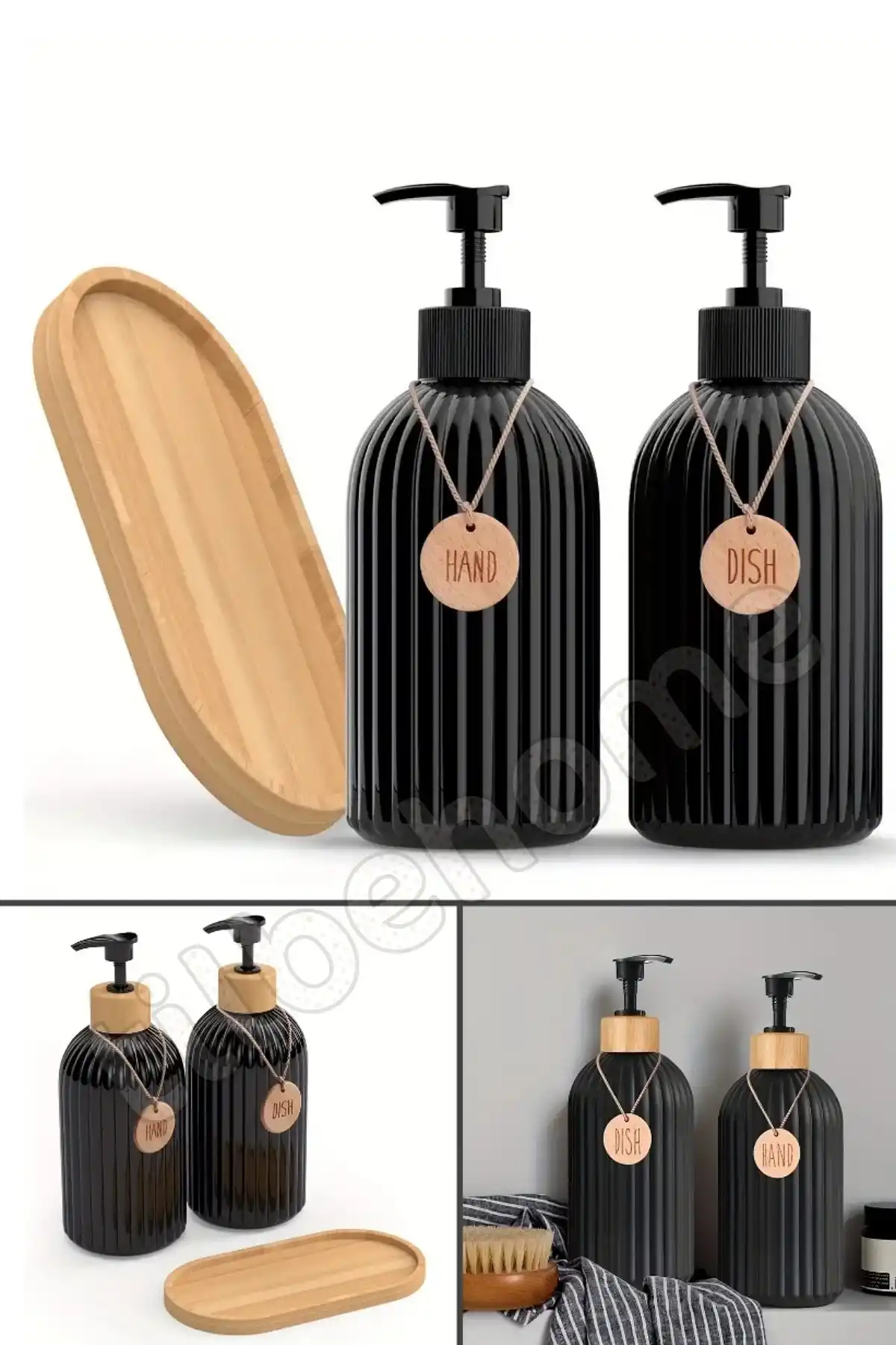 2’li Hands Dishes Siyah Dekoratif Mutfak Banyo Sıvı Cam Sabunluk Seti 500ml Bambu Stantlı Set
