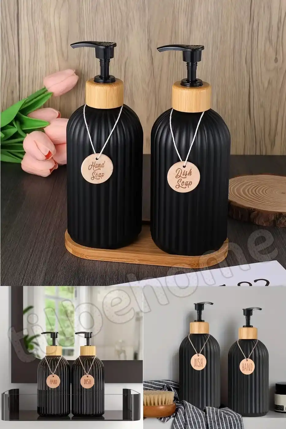 2’li Hands Dishes Siyah Dekoratif Mutfak Banyo Sıvı Cam Sabunluk Seti 500ml Bambu Stantlı Set