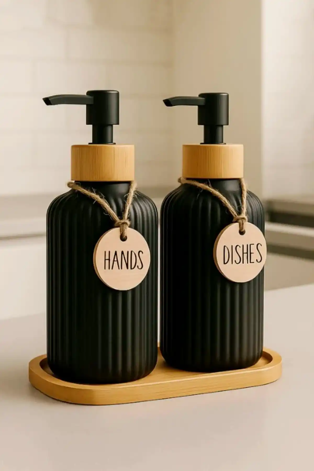 2’li Siyah Retro Dekoratif Mutfak Banyo Sıvı Cam Sabunluk Seti 500ml Bambu Stantlı Sabunluk Seti