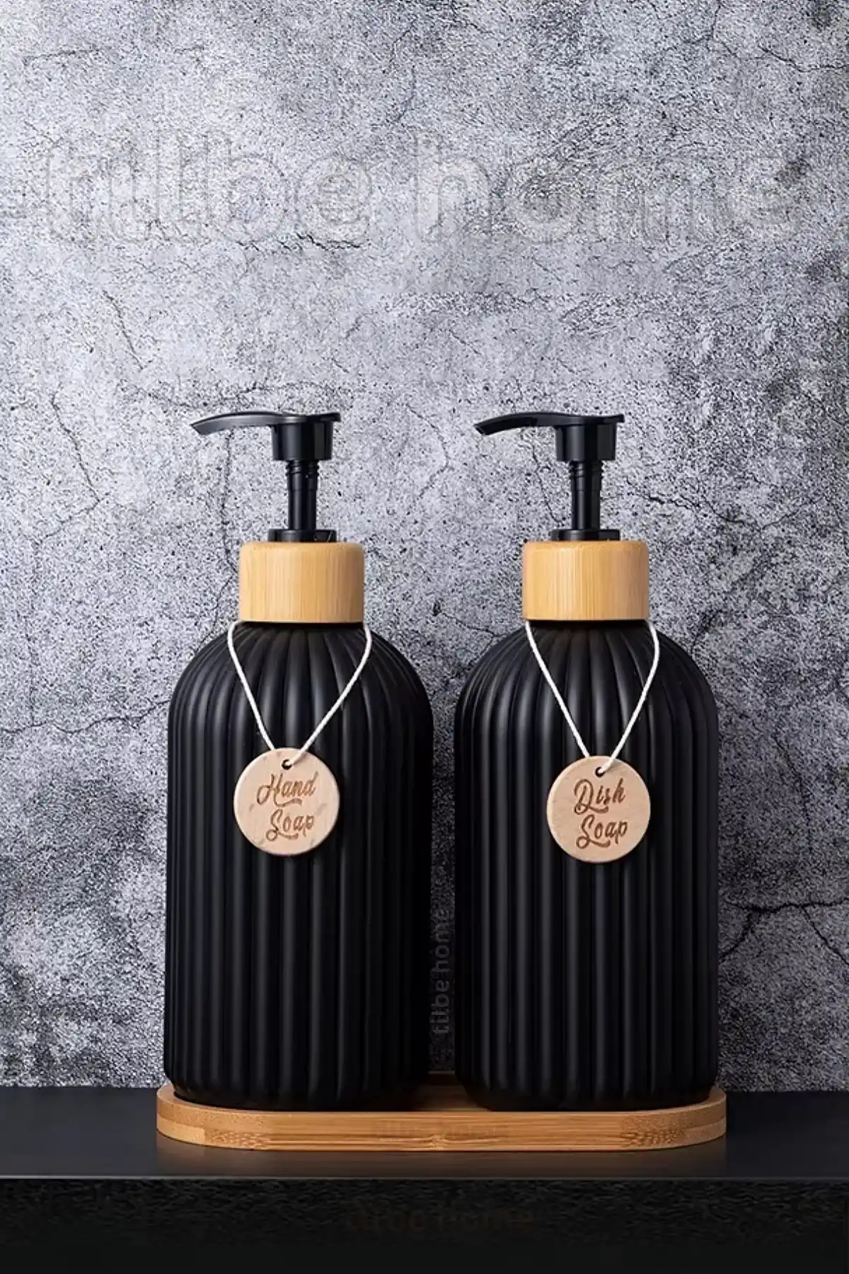 2’li Hands Dishes Siyah Dekoratif Mutfak Banyo Sıvı Cam Sabunluk Seti 500ml Bambu Stantlı Set