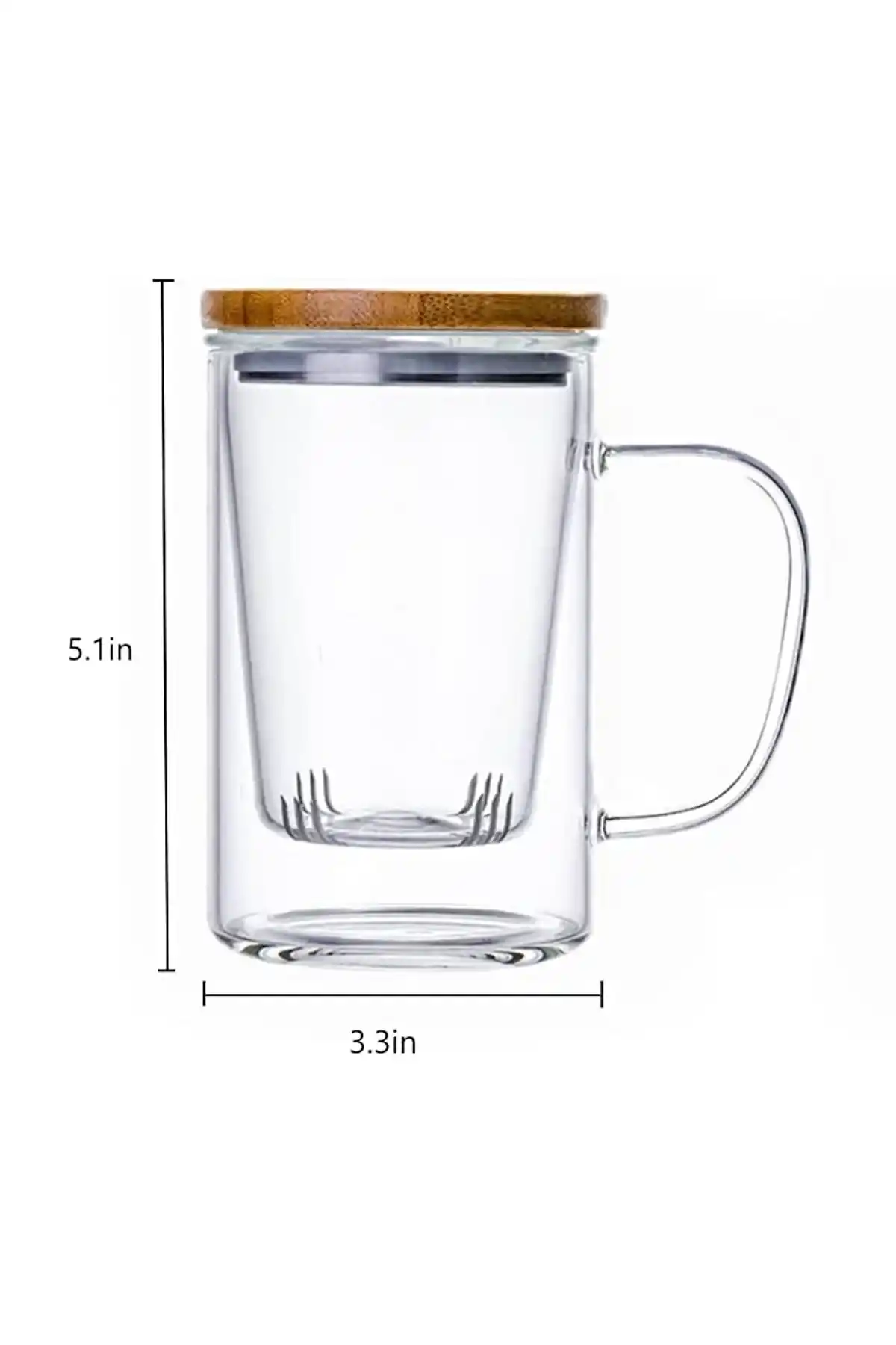 Borosilikat Cam Süzgeçli Bambu Kapaklı Kupa Kulplu Demlik Modeli Çift Kat Bitki Çay Bardağı 400 ml.