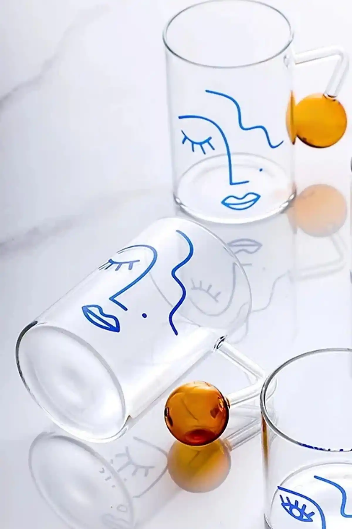 6lı Abstract Boncuk Kahve Sunum Kulplu Bardağı 300ml Isıya Dayanıklı Yüz Figürlü Cam Kokteyl Bardak