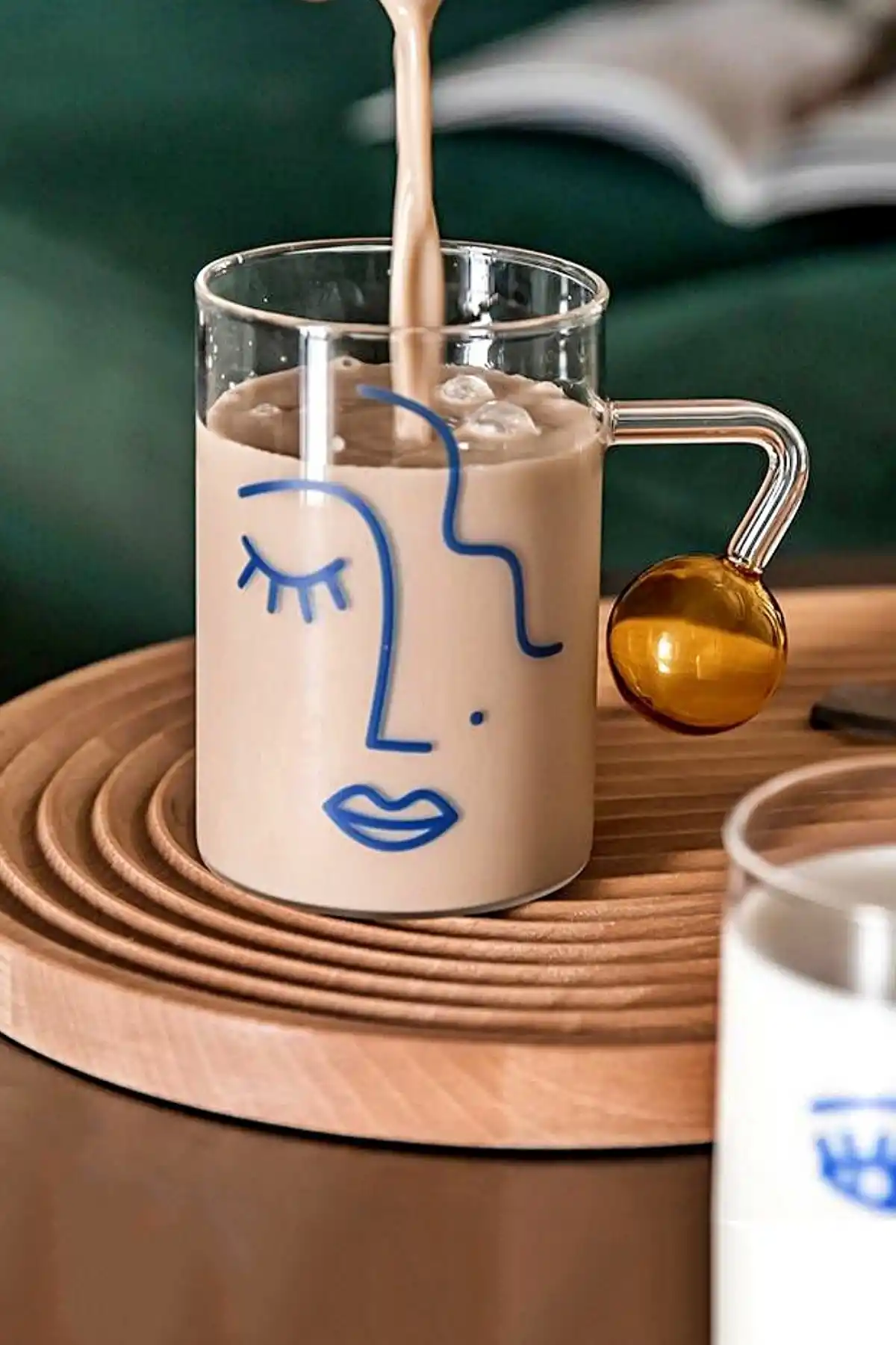 6lı Abstract Boncuk Kahve Sunum Kulplu Bardağı 300ml Isıya Dayanıklı Yüz Figürlü Cam Kokteyl Bardak