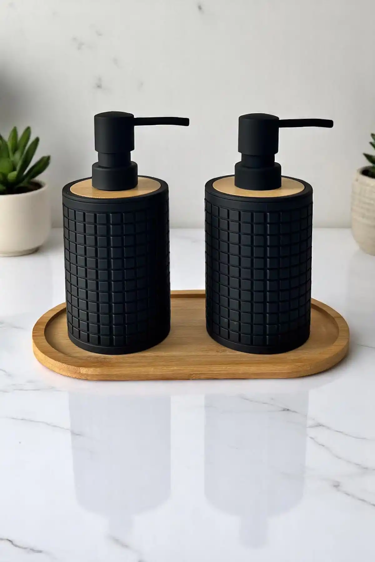 2li Retro Still Sıvı Sabunluk Seti 500ml Mutfak Siyah Hands Dishes Kare Figürlü Bambu Stantlı Set