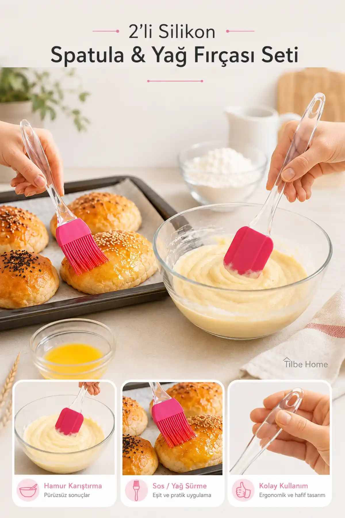 2’li Silikon Spatula Yağ Fırçası Seti Kek Pasta Hamur Karıştırıcı Yumurta Sos Sürme Mutfak Seti