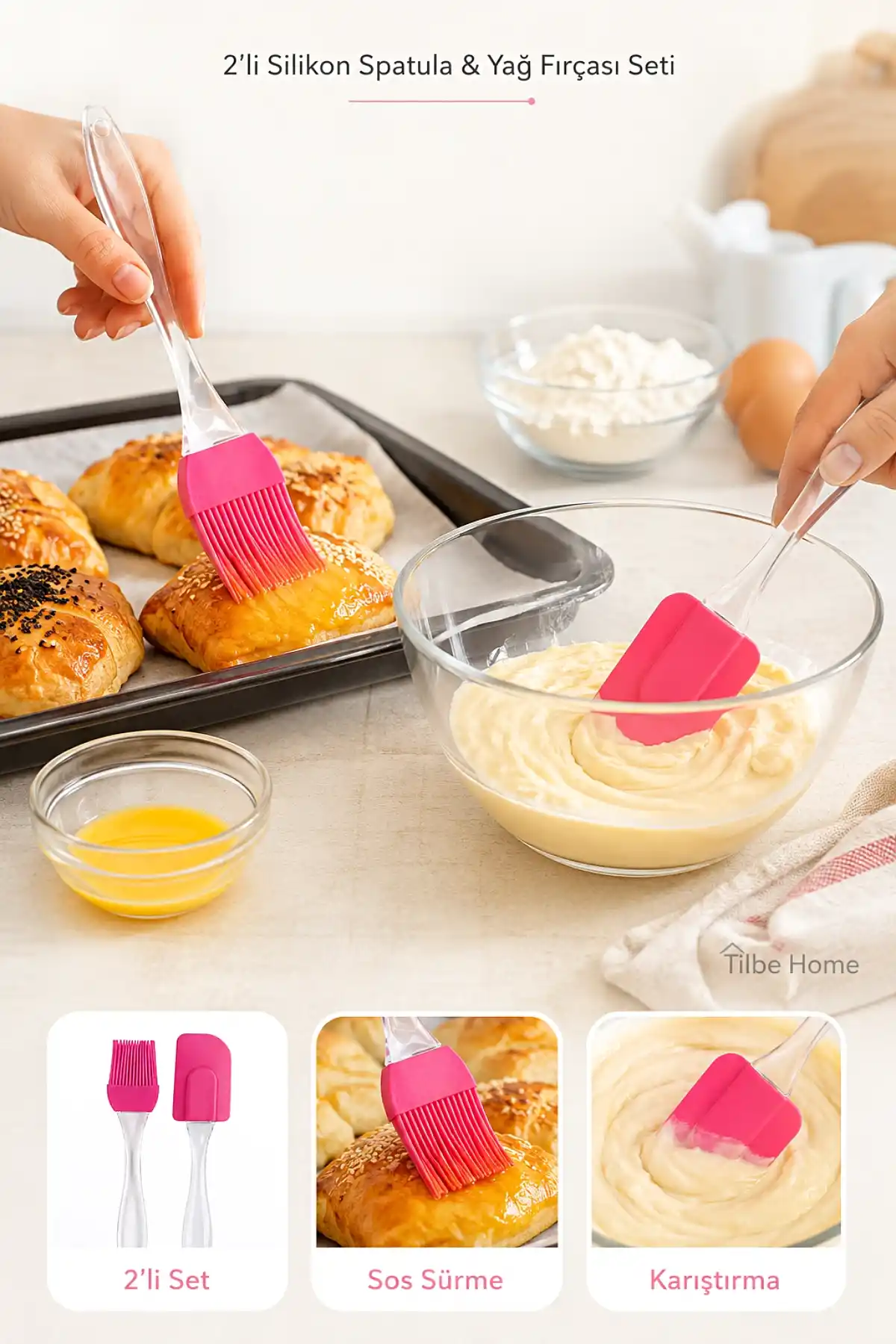 2’li Silikon Spatula Yağ Fırçası Seti Kek Pasta Hamur Karıştırıcı Yumurta Sos Sürme Mutfak Seti