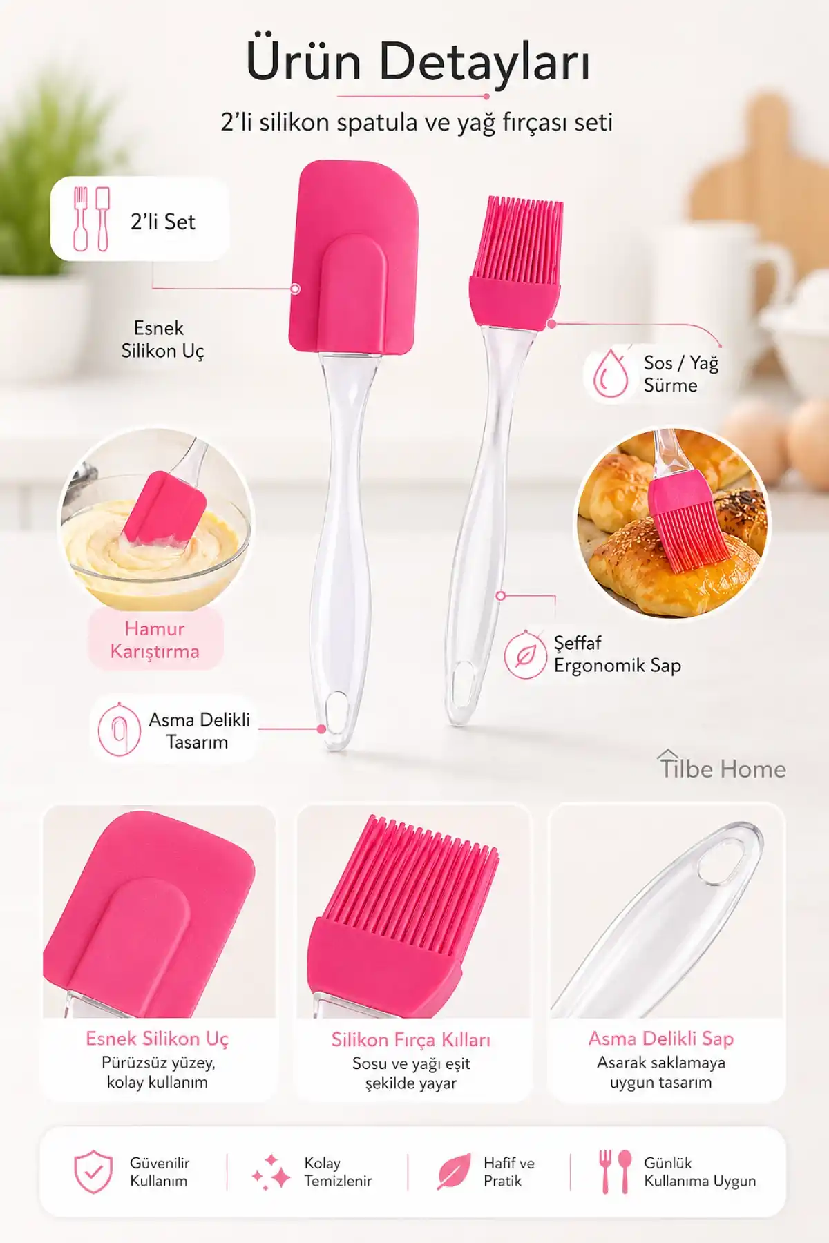 2’li Silikon Spatula Yağ Fırçası Seti Kek Pasta Hamur Karıştırıcı Yumurta Sos Sürme Mutfak Seti