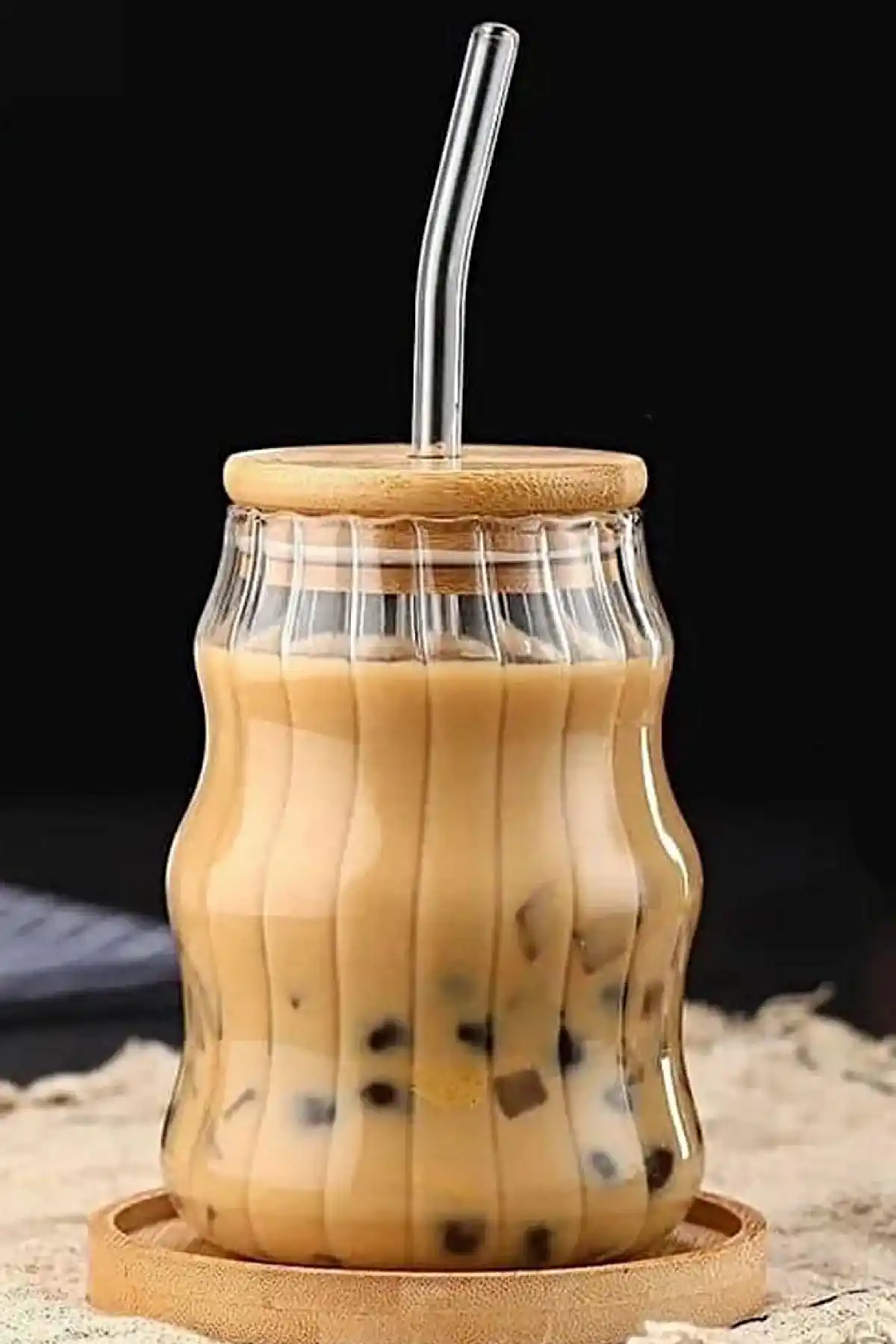 Sukabağı Latte Bardak Bambu Kapaklı İskandinav Cam Bardak Kahve Kokteyl Sunum Bardağı 400ml