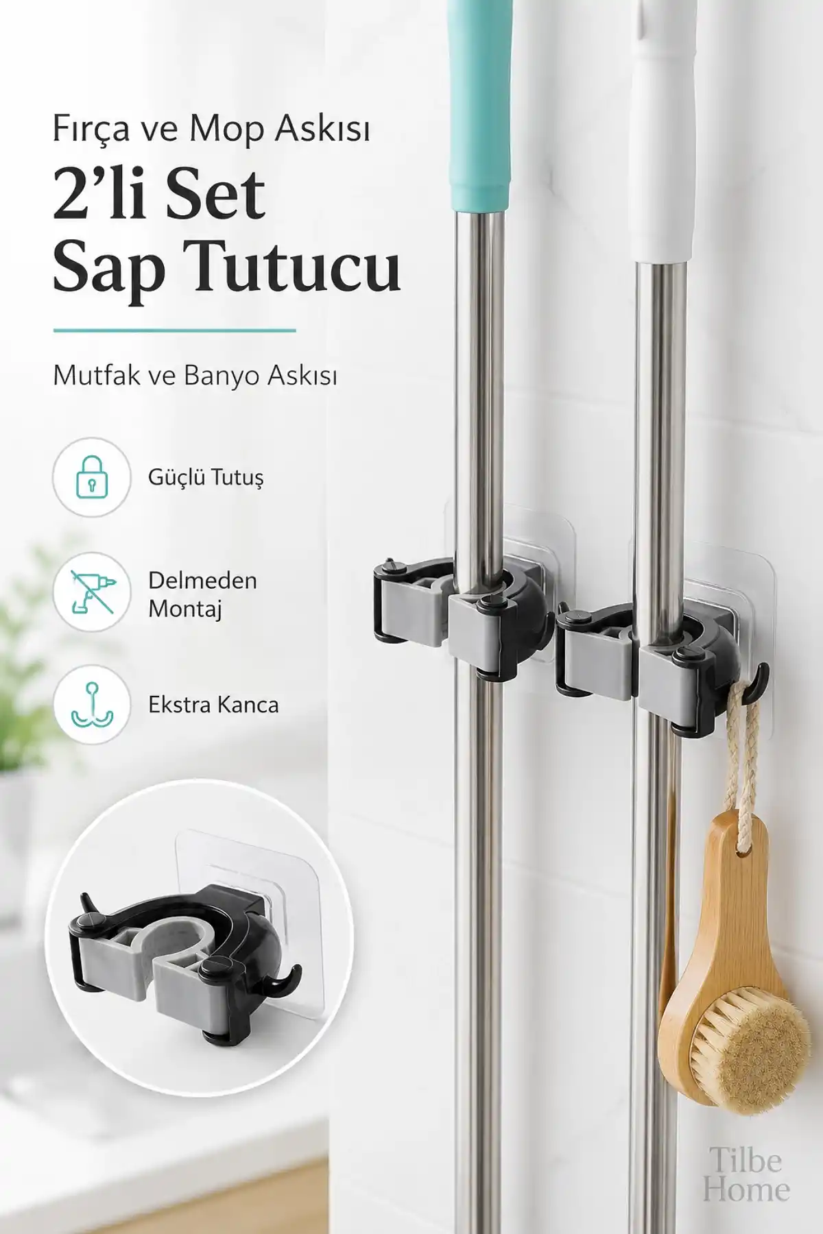 2li Yapışkanlı Fırça Mop Askısı Sap Tutucu Mutfak Banyo Duvar Askısı Organizer Pratik Mop Askısı