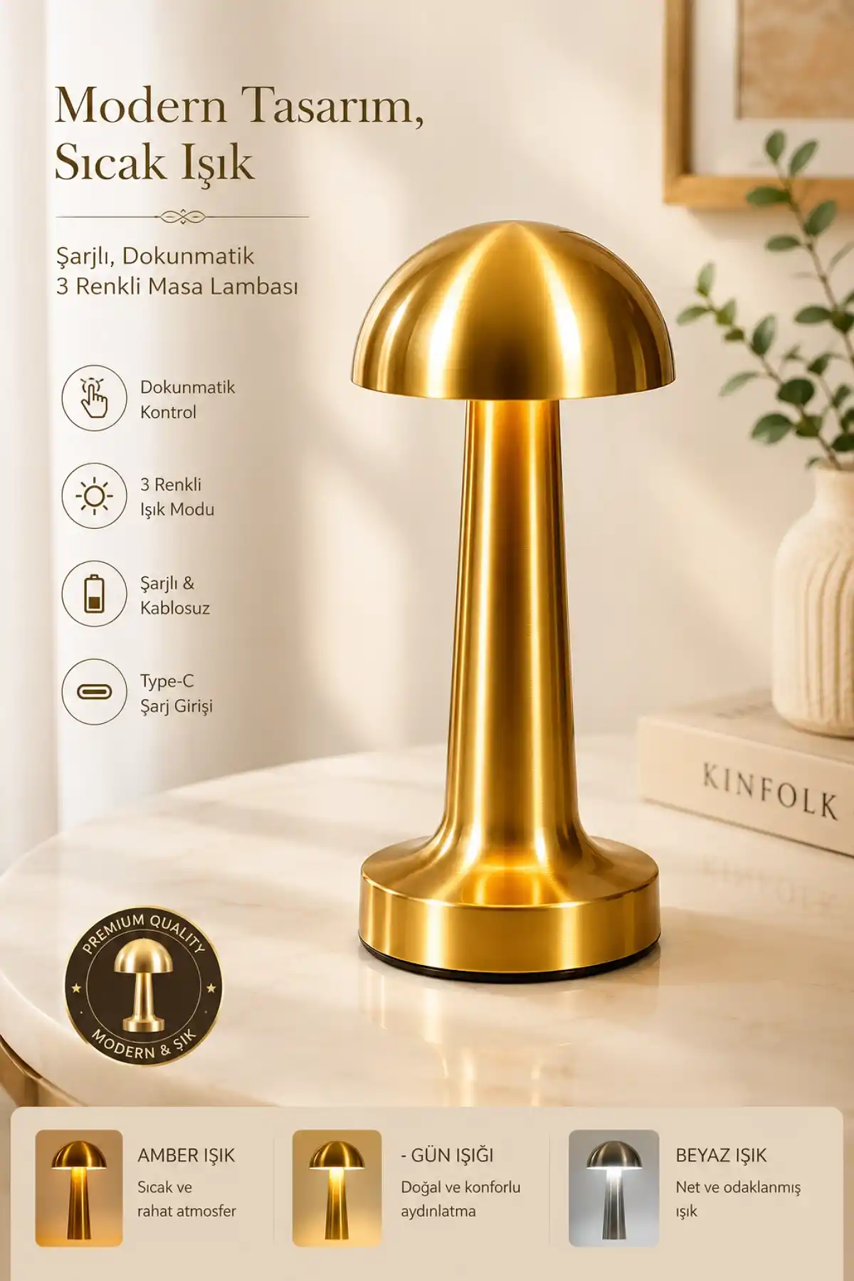 3 Işık Renkli Şarjlı Dim Edilebilir Masa Lambası Gold Kasa Masaüstü Dekoratif Mantar Lamba