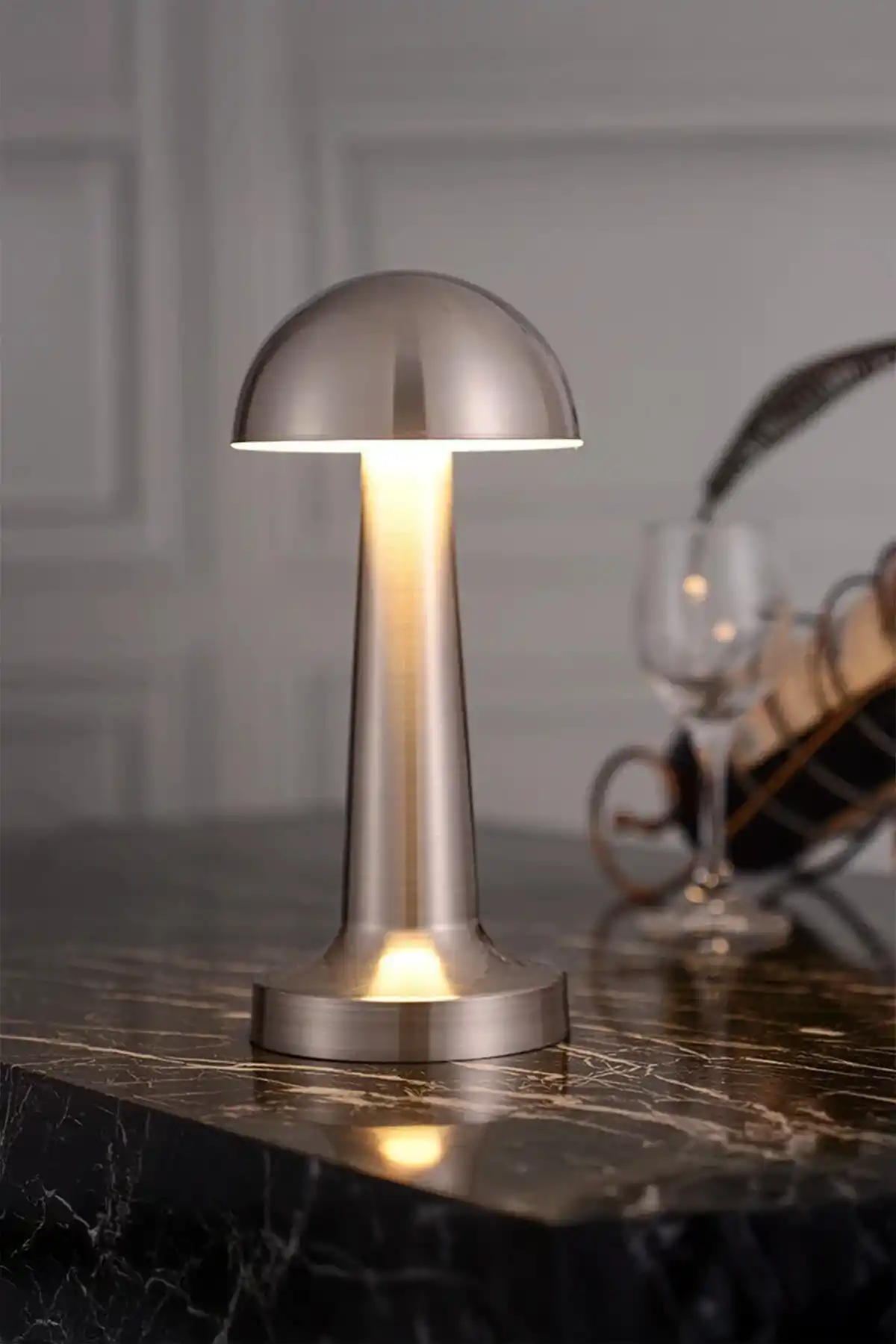 Mantar Model Retro Masa Lambası Mat Gümüş Dimmerli Şarjlı Dekoratif Masaüstü Dekoratif Mantar Lamba