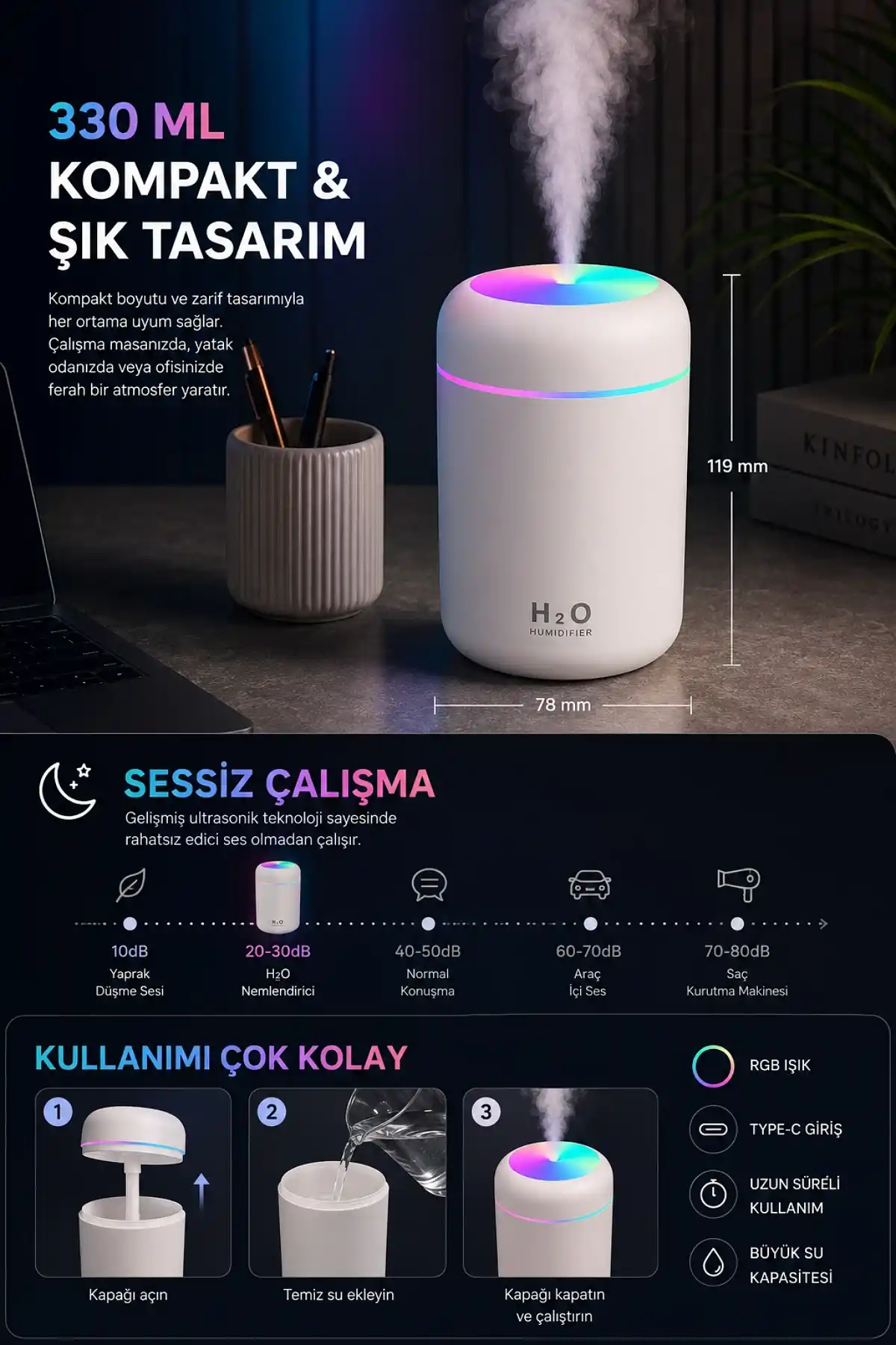330 ml LED Işıklı Hava Nemlendirici USB Ultrasonik Buhar Makinesi Aroma H2O Difüzör Masaüstü Cihaz