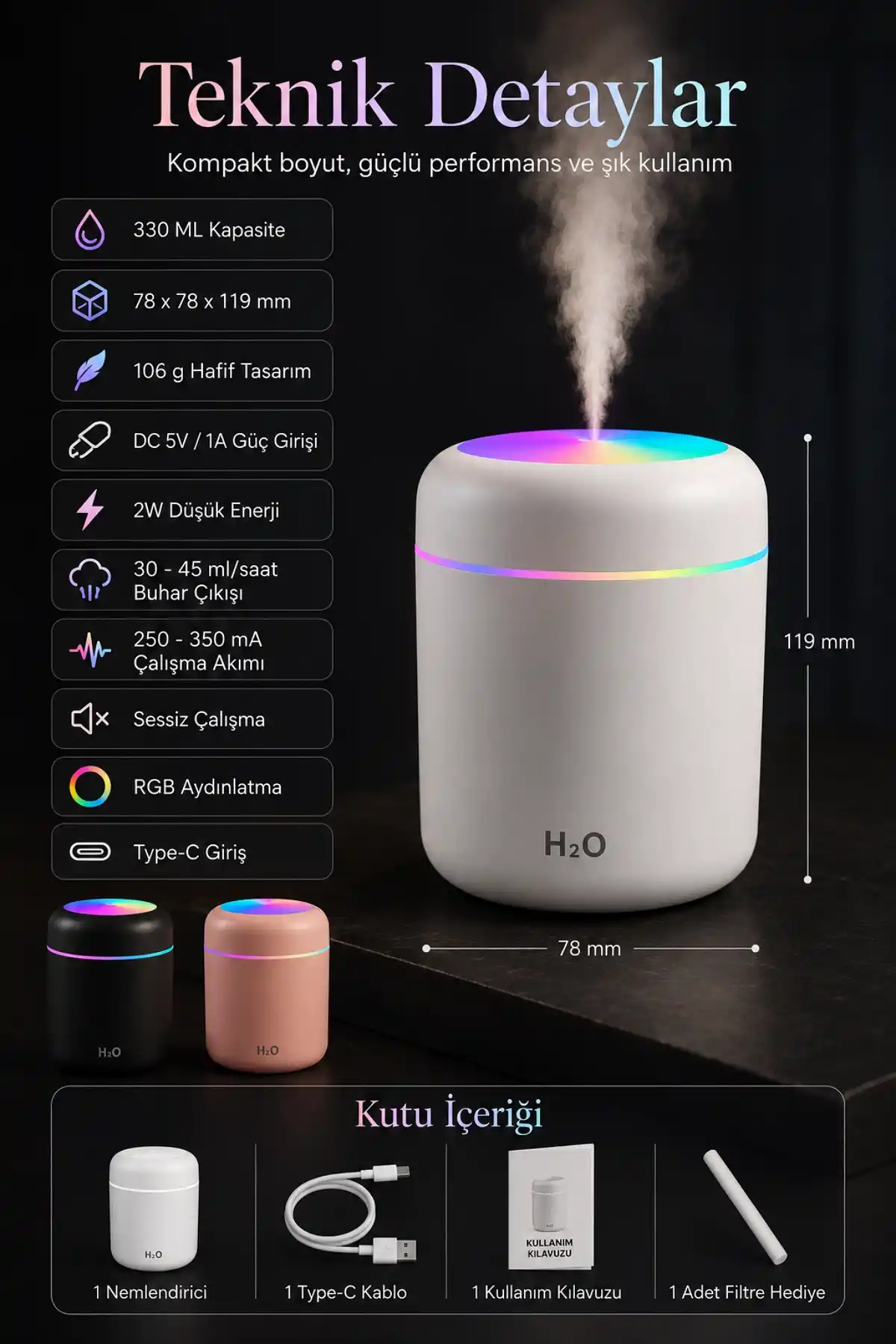 330 ml LED Işıklı Hava Nemlendirici USB Ultrasonik Buhar Makinesi Aroma H2O Difüzör Masaüstü Cihaz