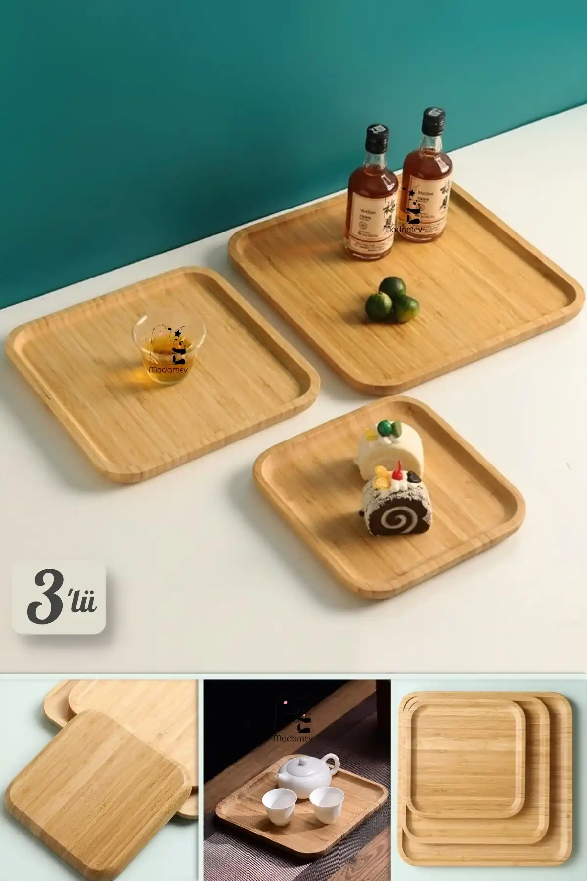 3lü Gourmet Kare Bambu Kahvaltı Peynir Tabağı Pasta Servis Sunum Tepsi İkramlık Bambu Tabak Seti