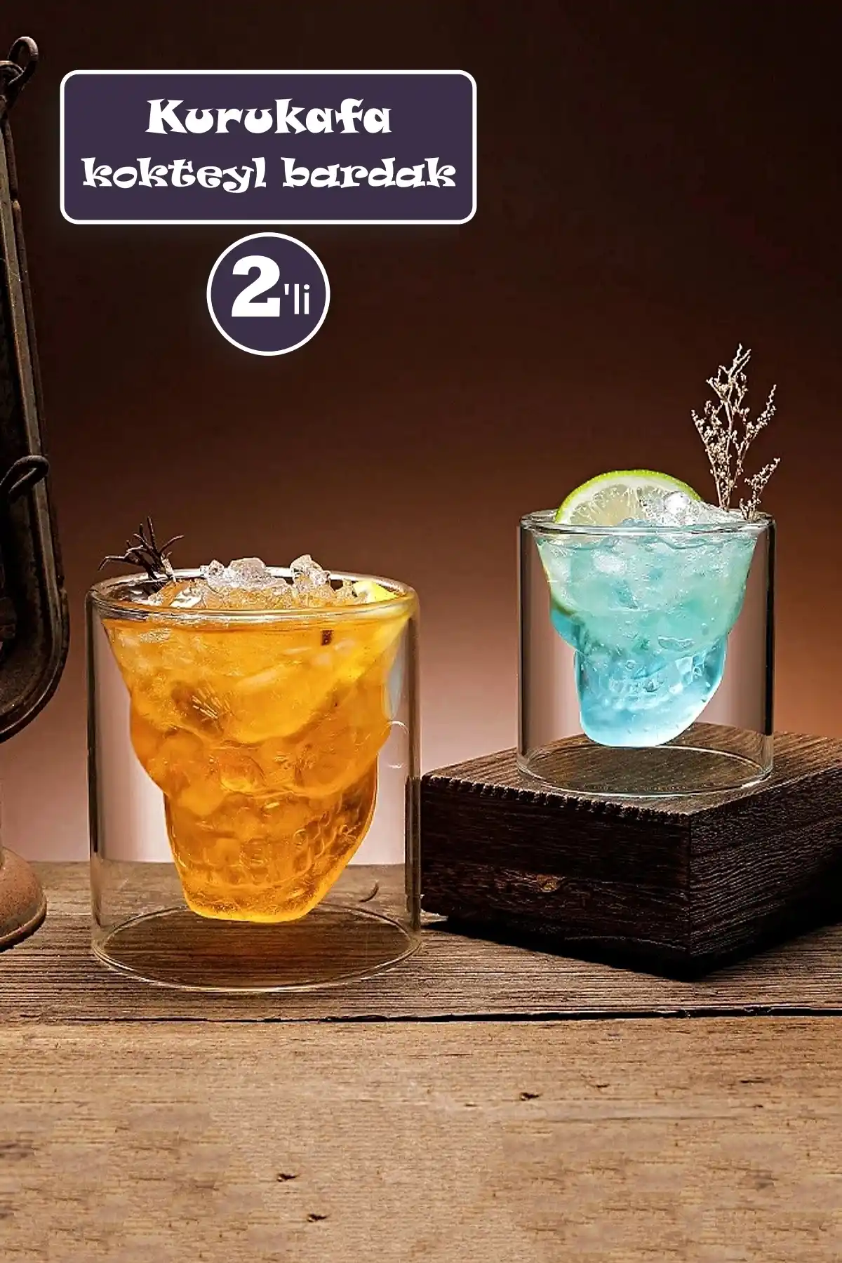 2li Kuru Kafa Tasarımlı Çift Cidarlı Cam Bardak Kahve Sunum Kokteyl Bardağı Kristal Skull Kupa Set