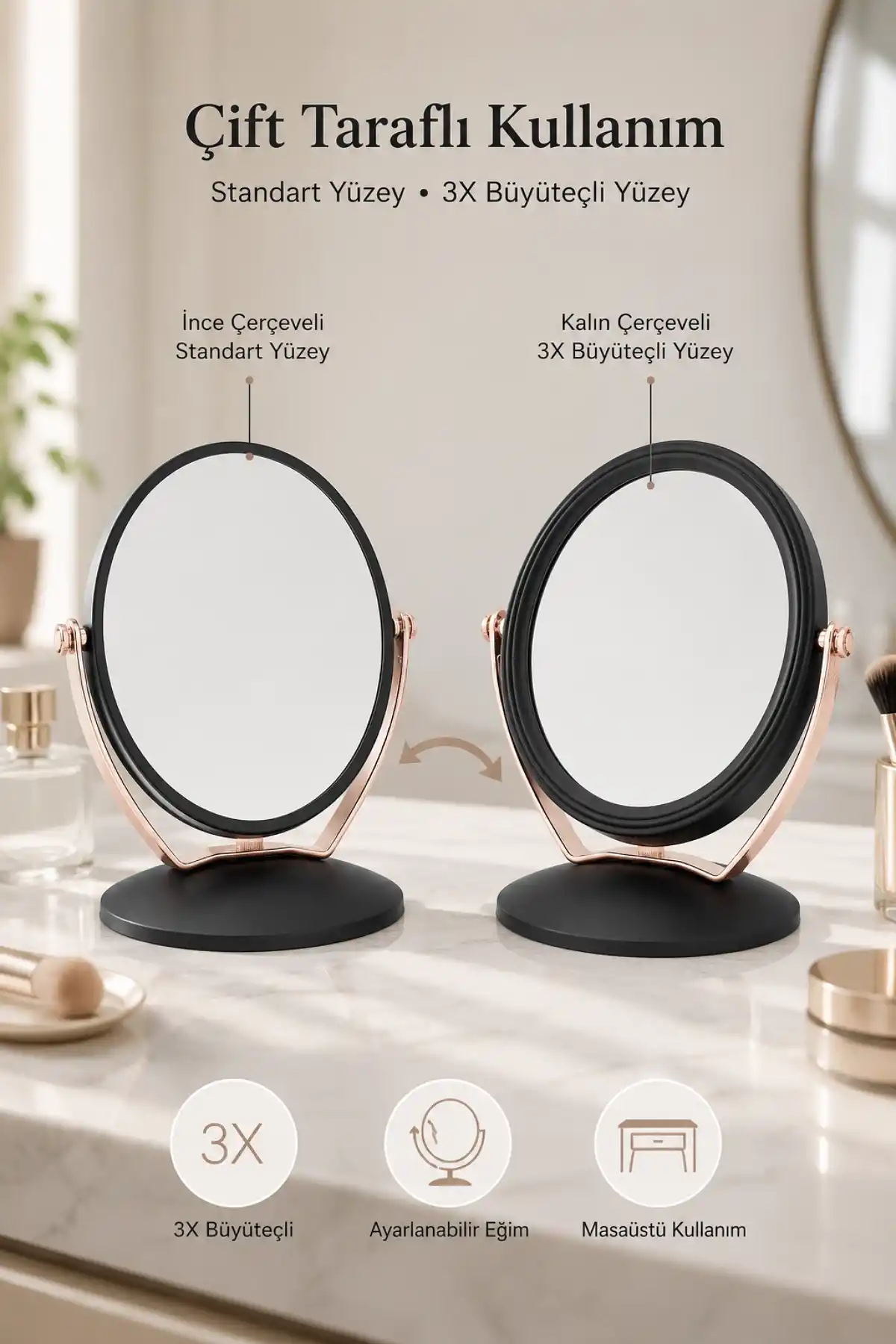 3X Büyüteçli Çift Taraflı Masaüstü Makyaj Aynası Daire Siyah Rose Gold Standlı Dekoratif Yakın Ayna