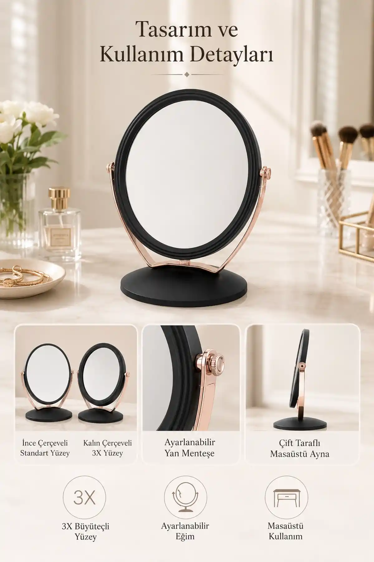 3X Büyüteçli Çift Taraflı Masaüstü Makyaj Aynası Daire Siyah Rose Gold Standlı Dekoratif Yakın Ayna