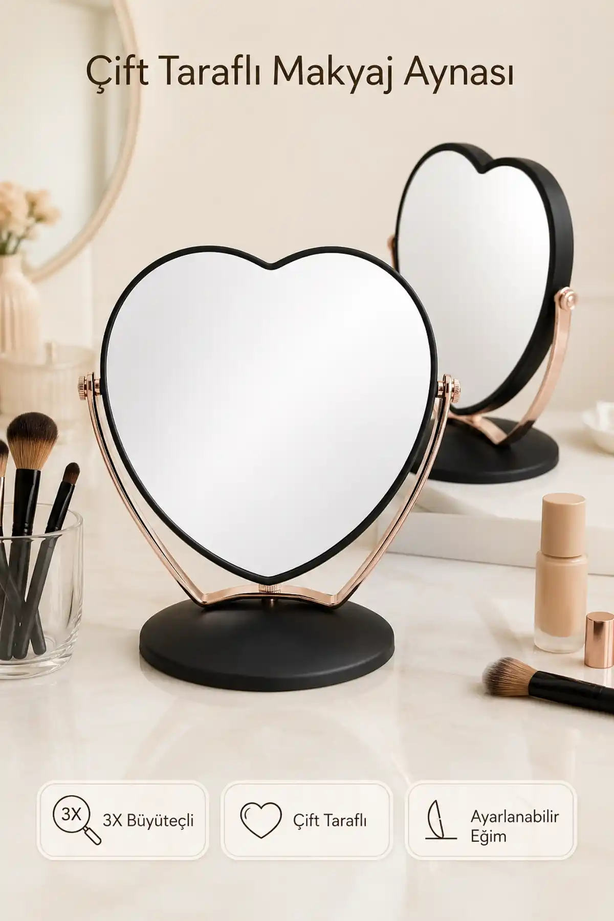 3X Büyüteçli Çift Taraflı Masaüstü Makyaj Aynası Kalpi Siyah Rose Gold Standlı Dekoratif Yakın Ayna