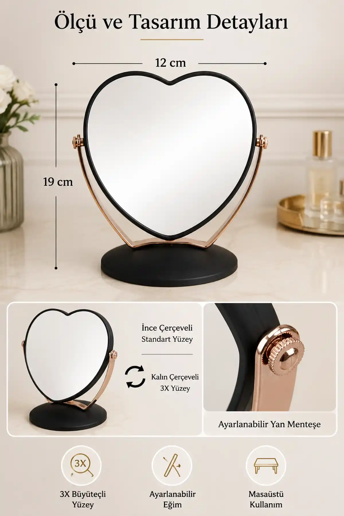 3X Büyüteçli Çift Taraflı Masaüstü Makyaj Aynası Kalpi Siyah Rose Gold Standlı Dekoratif Yakın Ayna