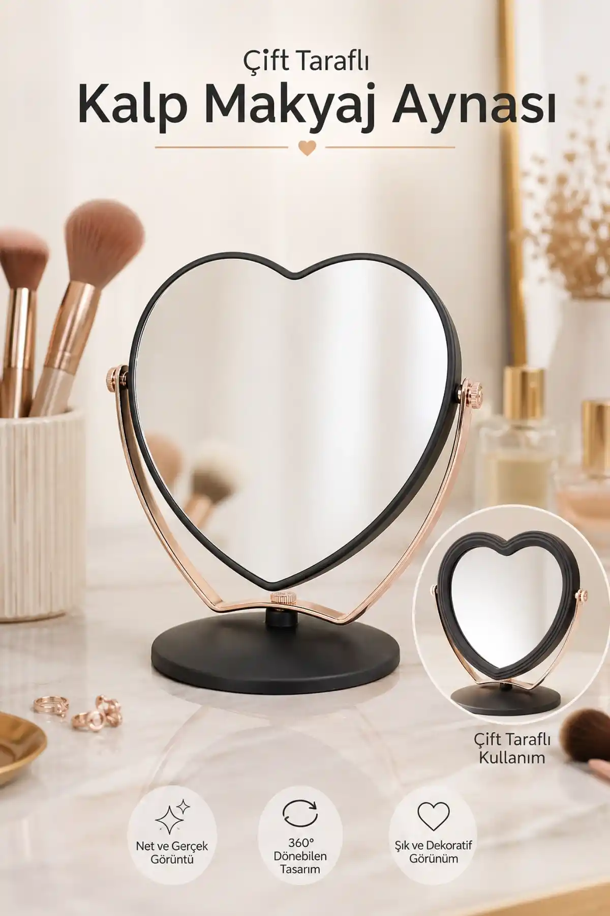 3X Büyüteçli Çift Taraflı Masaüstü Makyaj Aynası Kalpi Siyah Rose Gold Standlı Dekoratif Yakın Ayna