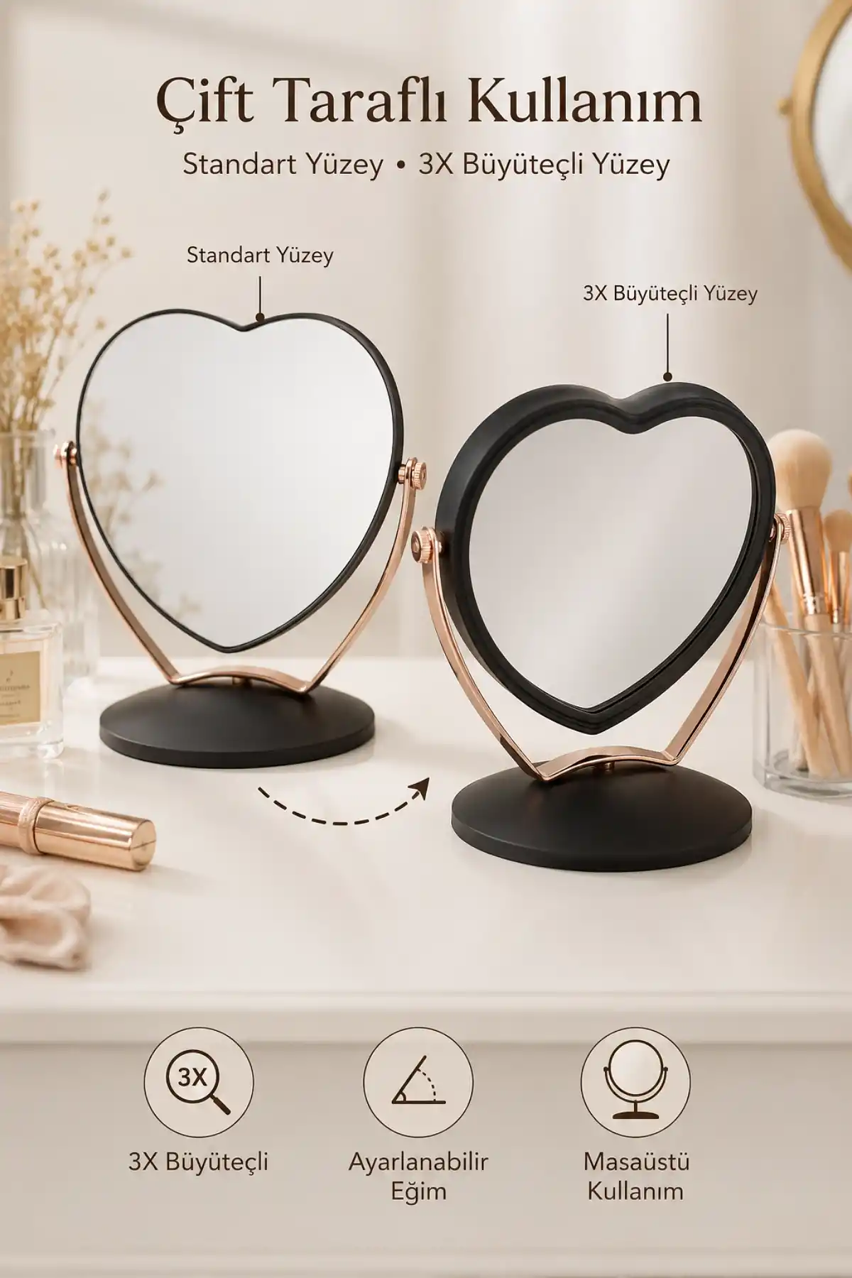 3X Büyüteçli Çift Taraflı Masaüstü Makyaj Aynası Kalpi Siyah Rose Gold Standlı Dekoratif Yakın Ayna