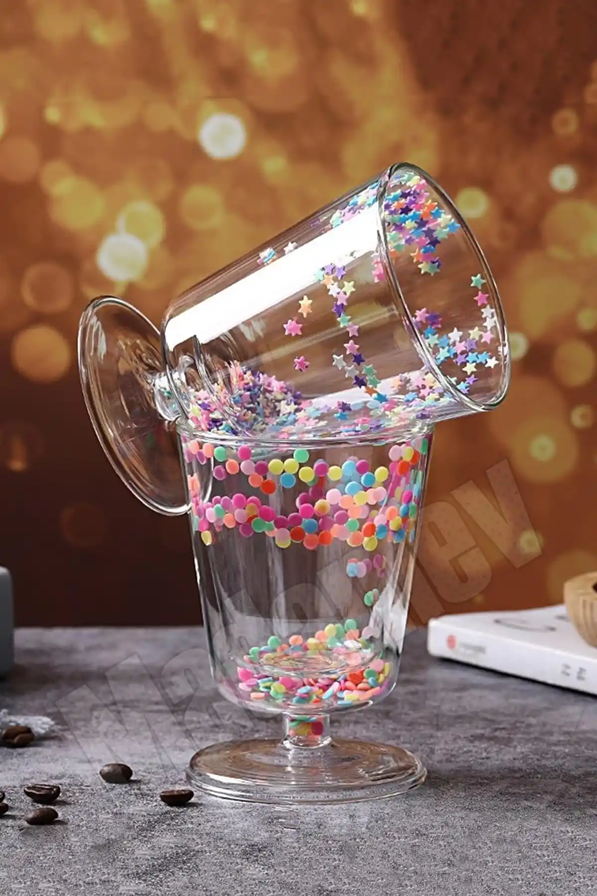 4lü Çift Cidarlı Yıldızlı Ayaklı Retro Bardak Magnolya Sunum Kasesi ve Pipetli Kahve Bardağı 350ml