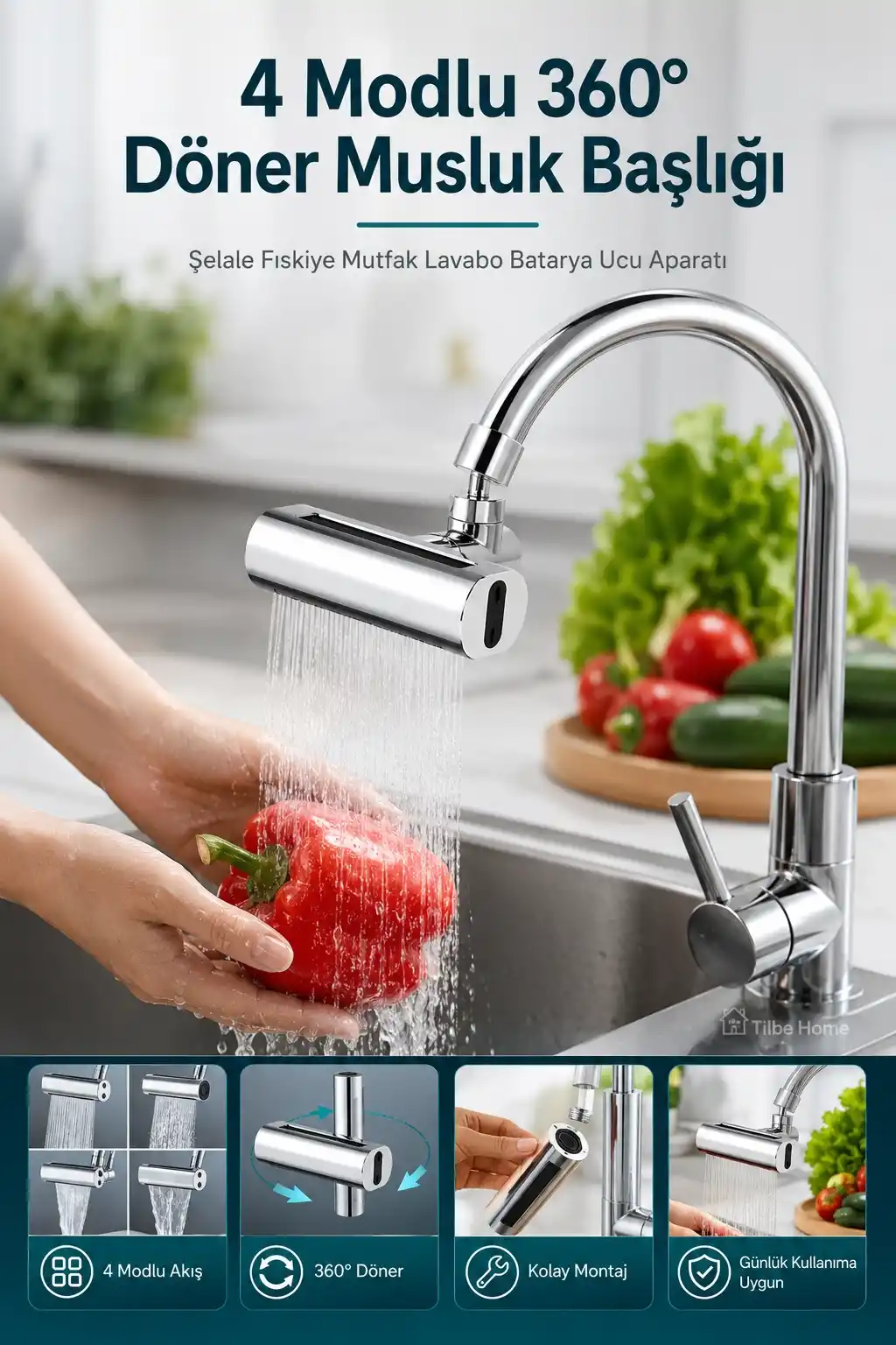 4 Modlu 360° Döner Akıllı Musluk Başlığı Şelale Fıskiye Mutfak Armatür Lavabo Batarya Çeşme Ucu