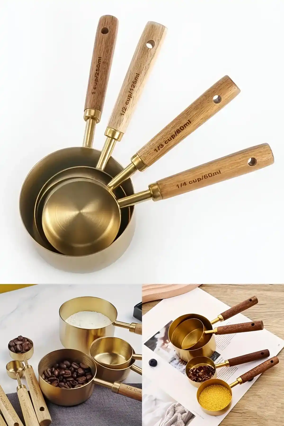4lü Büyük Boy Paslanmaz Çelik Ahşap Saplı Gold Ölçü Kaşığı Seti Ölçü Kabı 60ml 80ml 125ml 250ml